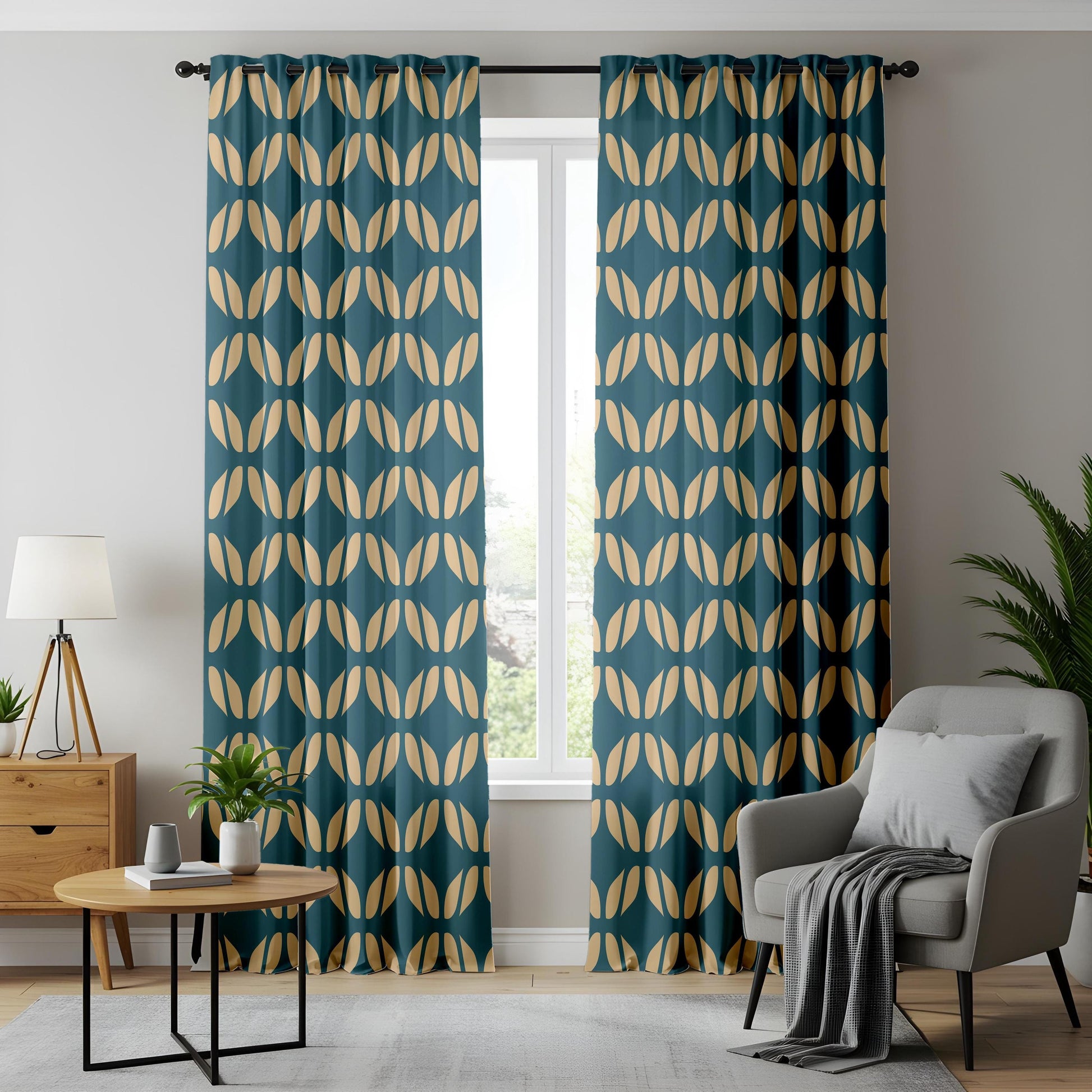 Onay Teal Gold Geometric Curtains – Mid Century Tile Pattern Drapes