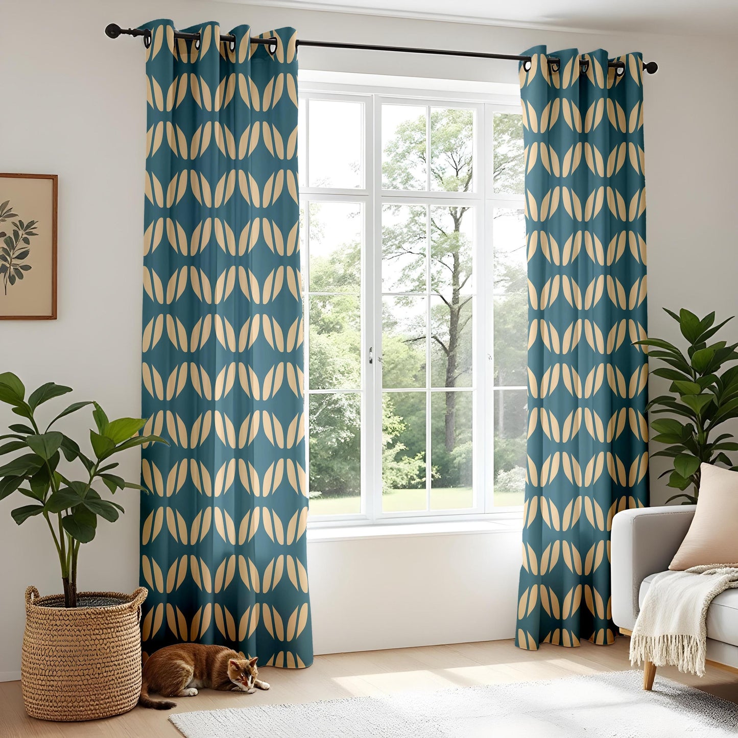 Onay Teal Gold Geometric Curtains – Mid Century Tile Pattern Drapes