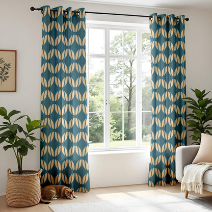 Onay Teal Gold Geometric Curtains – Mid Century Tile Pattern Drapes