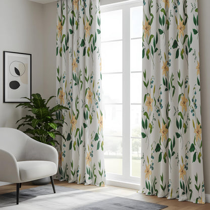 Onay Botanical Stem Curtains – Green Yellow Floral Kids Room Drapes