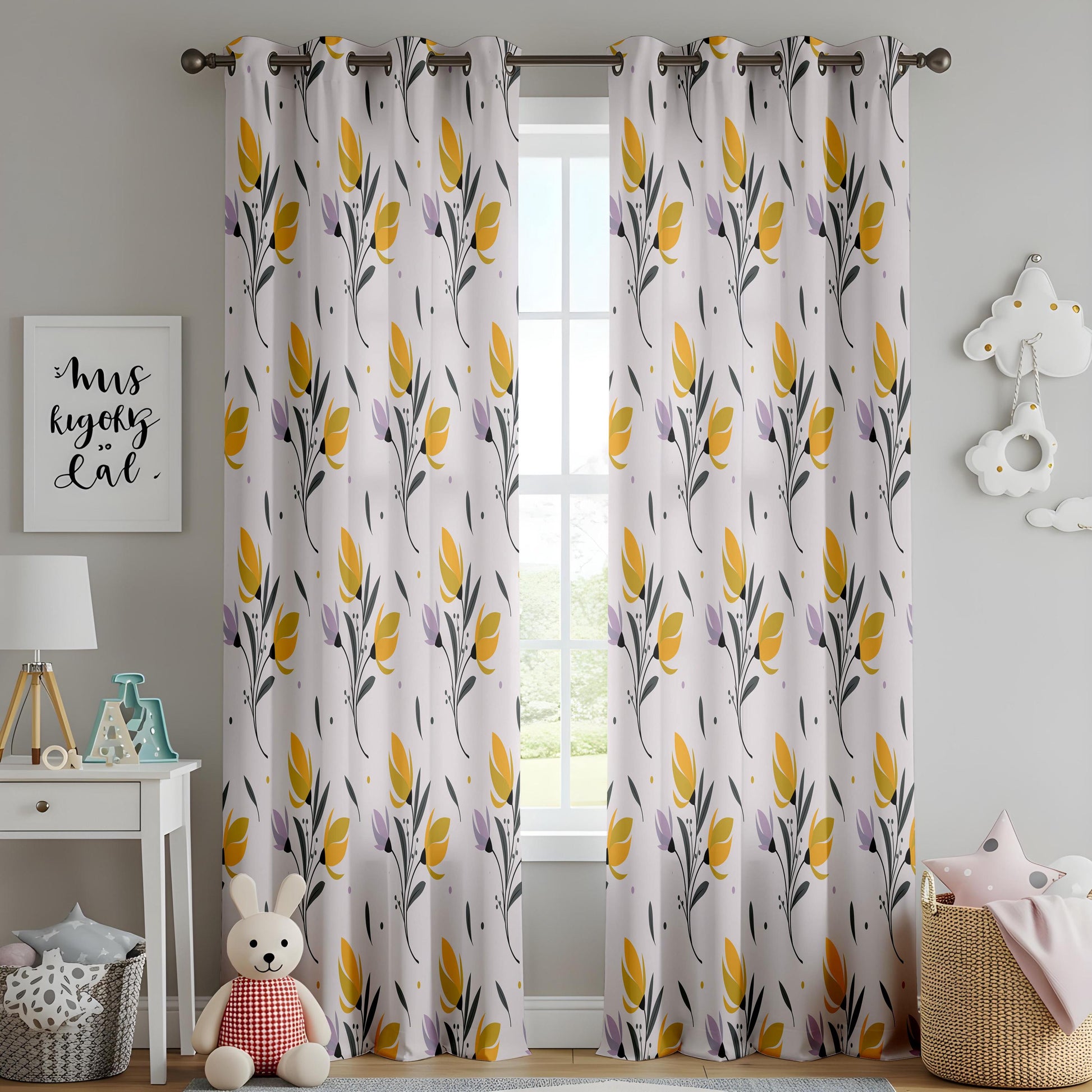 Onay Yellow Tulip Curtains – Spring Floral Kids Nursery Window Drapes
