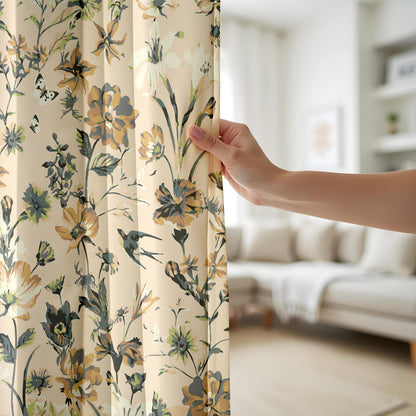 Onay Yellow Teal Floral Curtains – Large Botanical Print Window Drapes