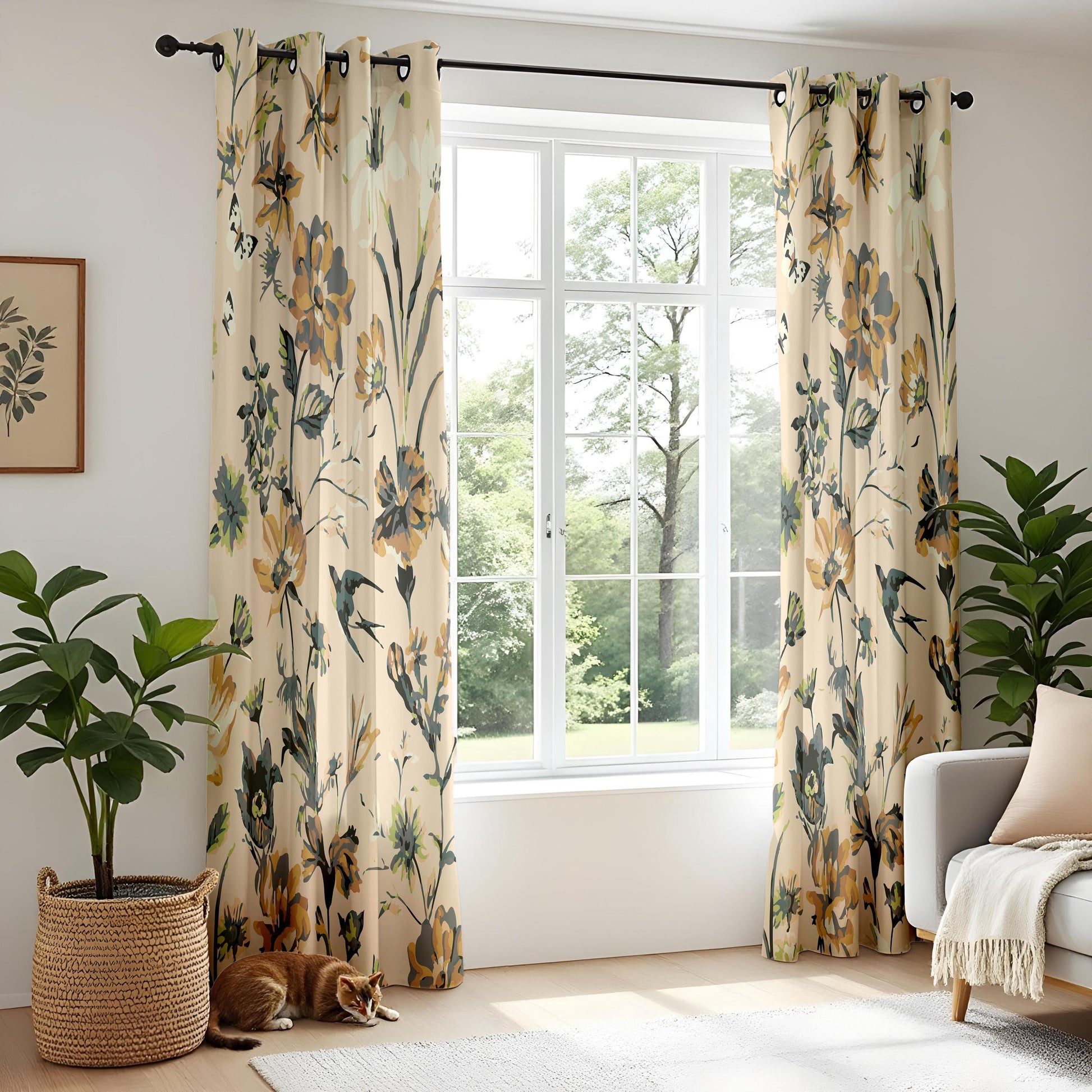 Onay Yellow Teal Floral Curtains – Large Botanical Print Window Drapes