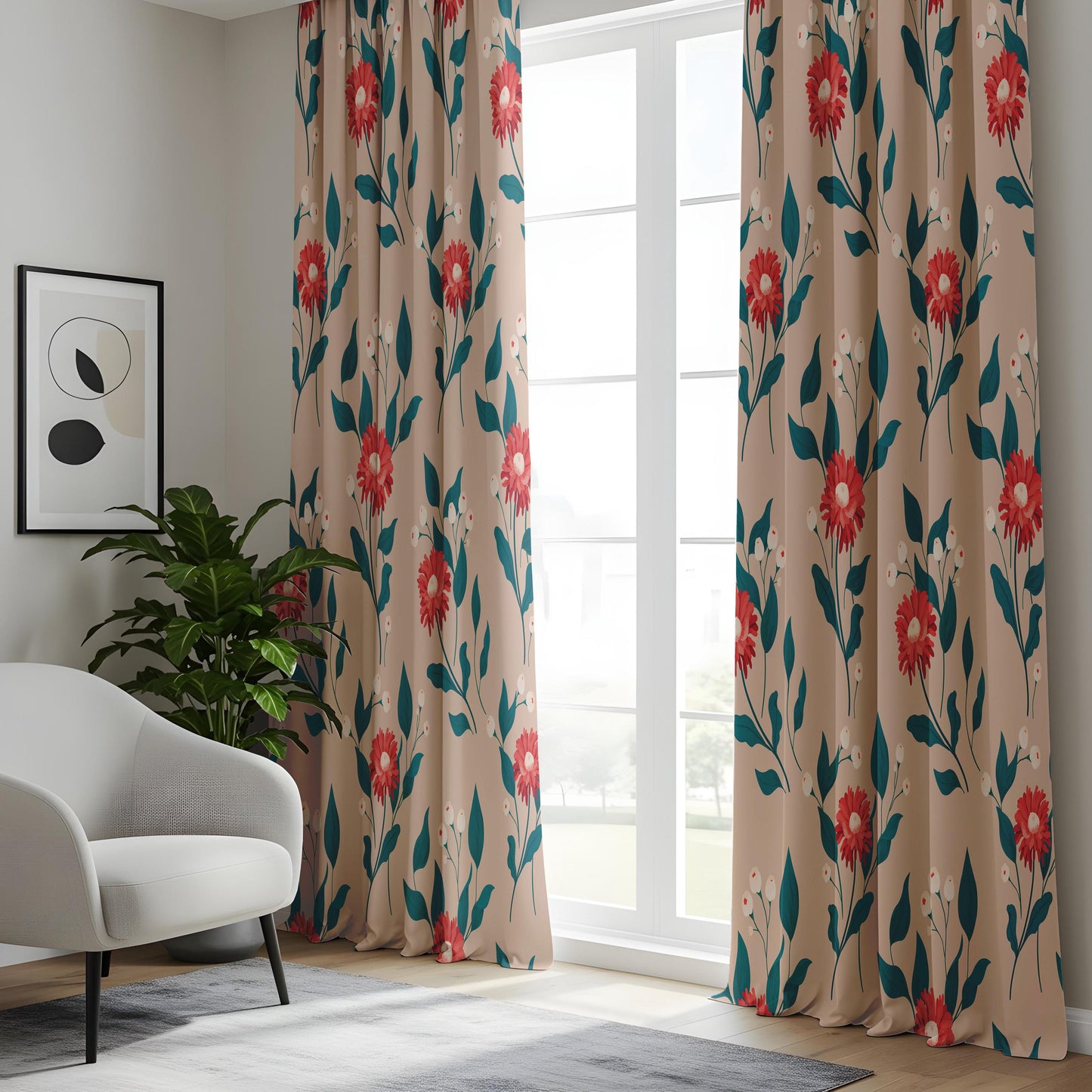 Onay Red Gerbera Curtains – Botanical Daisy Print Window Drapes