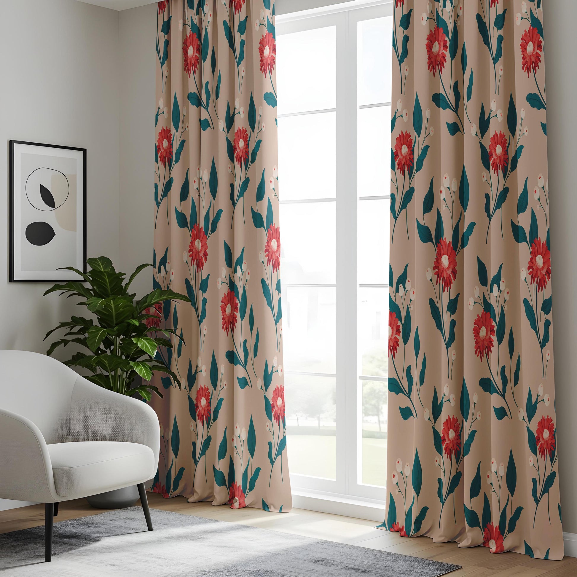 Onay Red Gerbera Curtains – Botanical Daisy Print Window Drapes