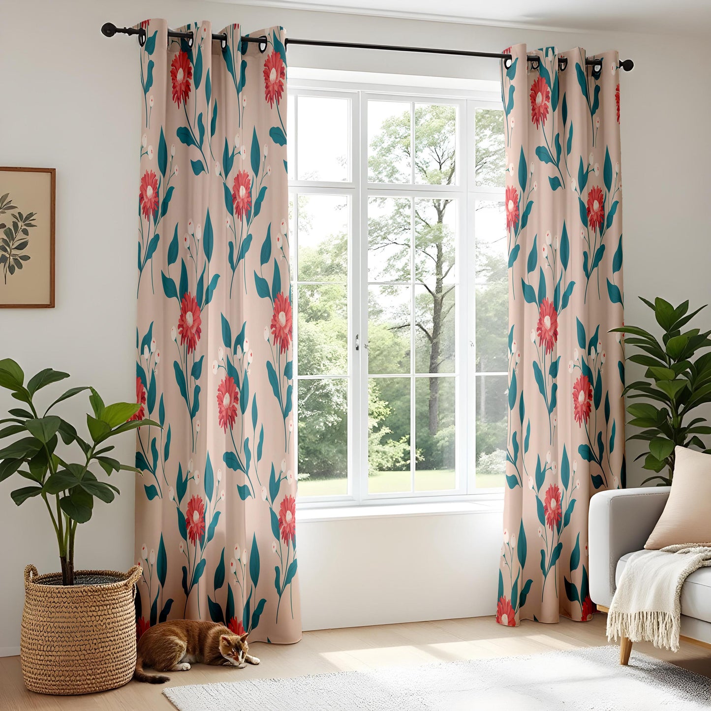 Onay Red Gerbera Curtains – Botanical Daisy Print Window Drapes