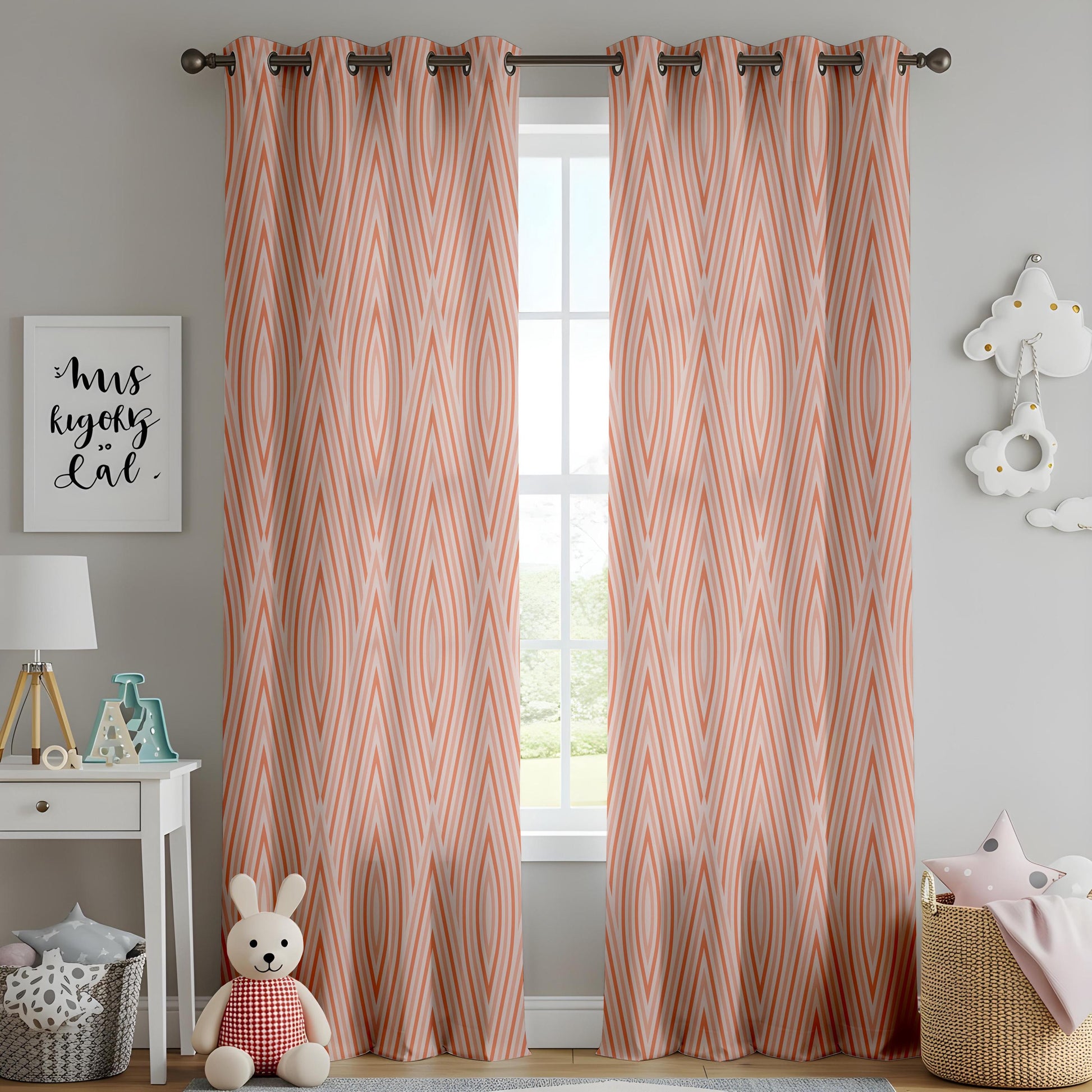 Onay Orange Grey Wave Curtains – Modern Ogee Stripe Kids Room Drapes
