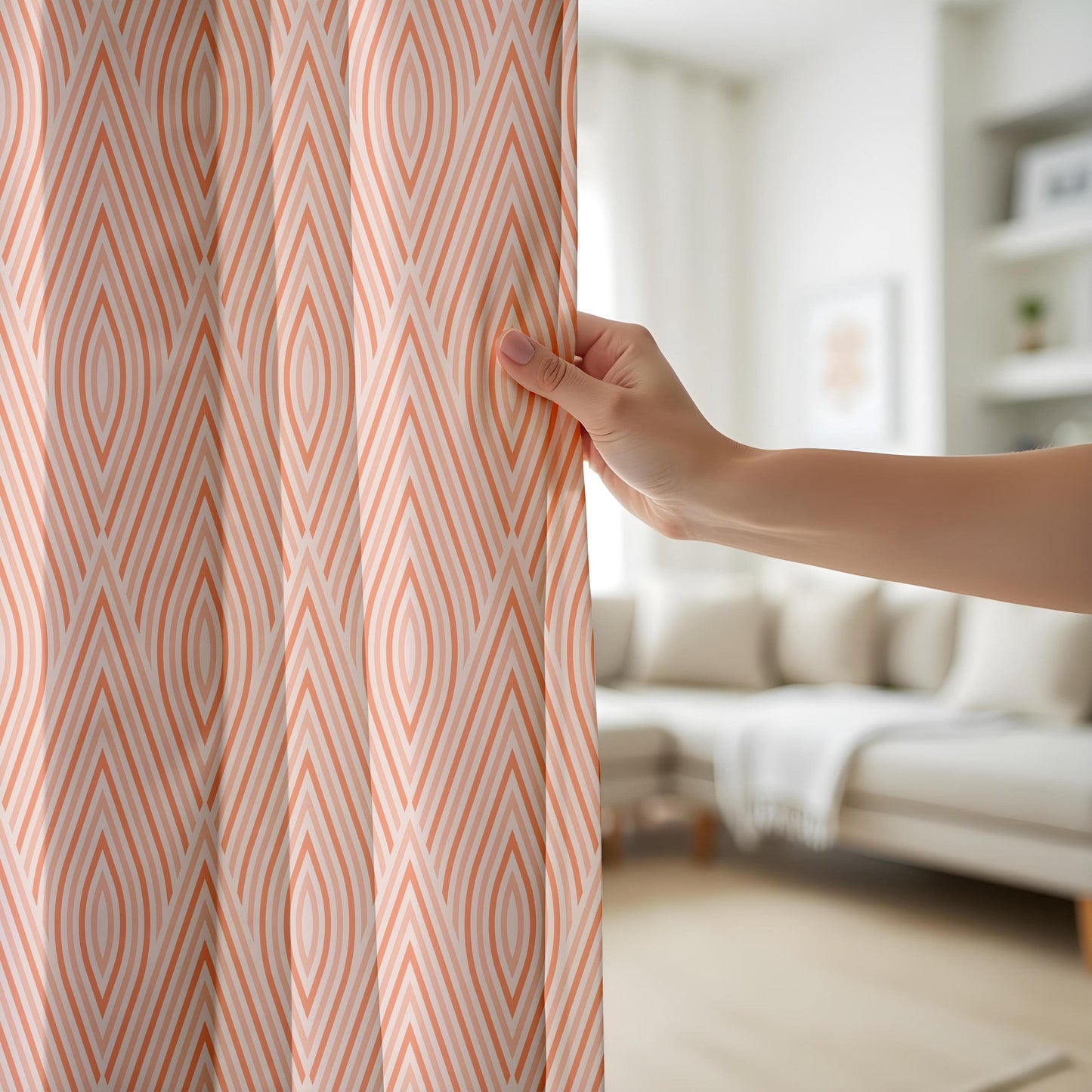 Onay Orange Grey Wave Curtains – Modern Ogee Stripe Kids Room Drapes
