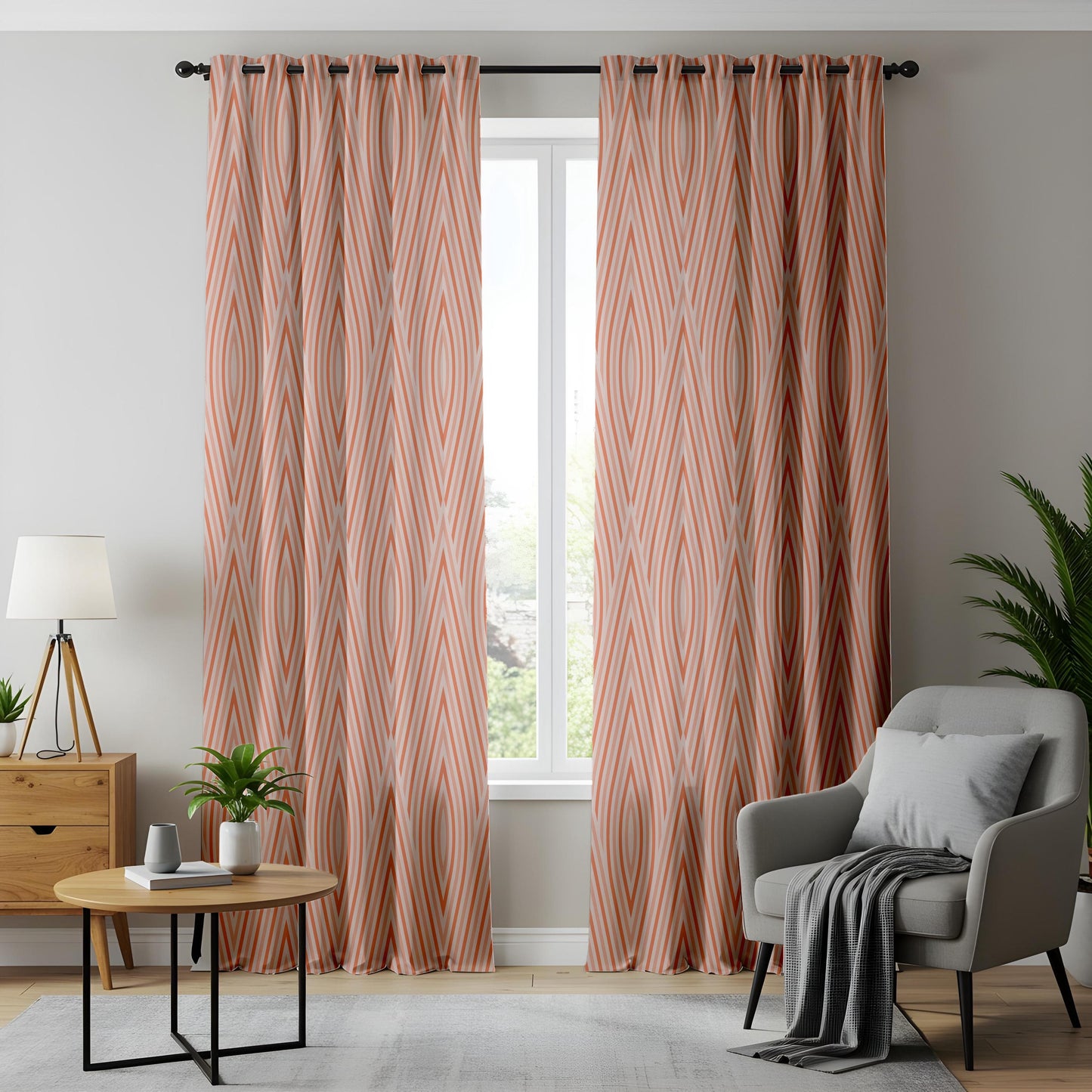 Onay Orange Grey Wave Curtains – Modern Ogee Stripe Kids Room Drapes
