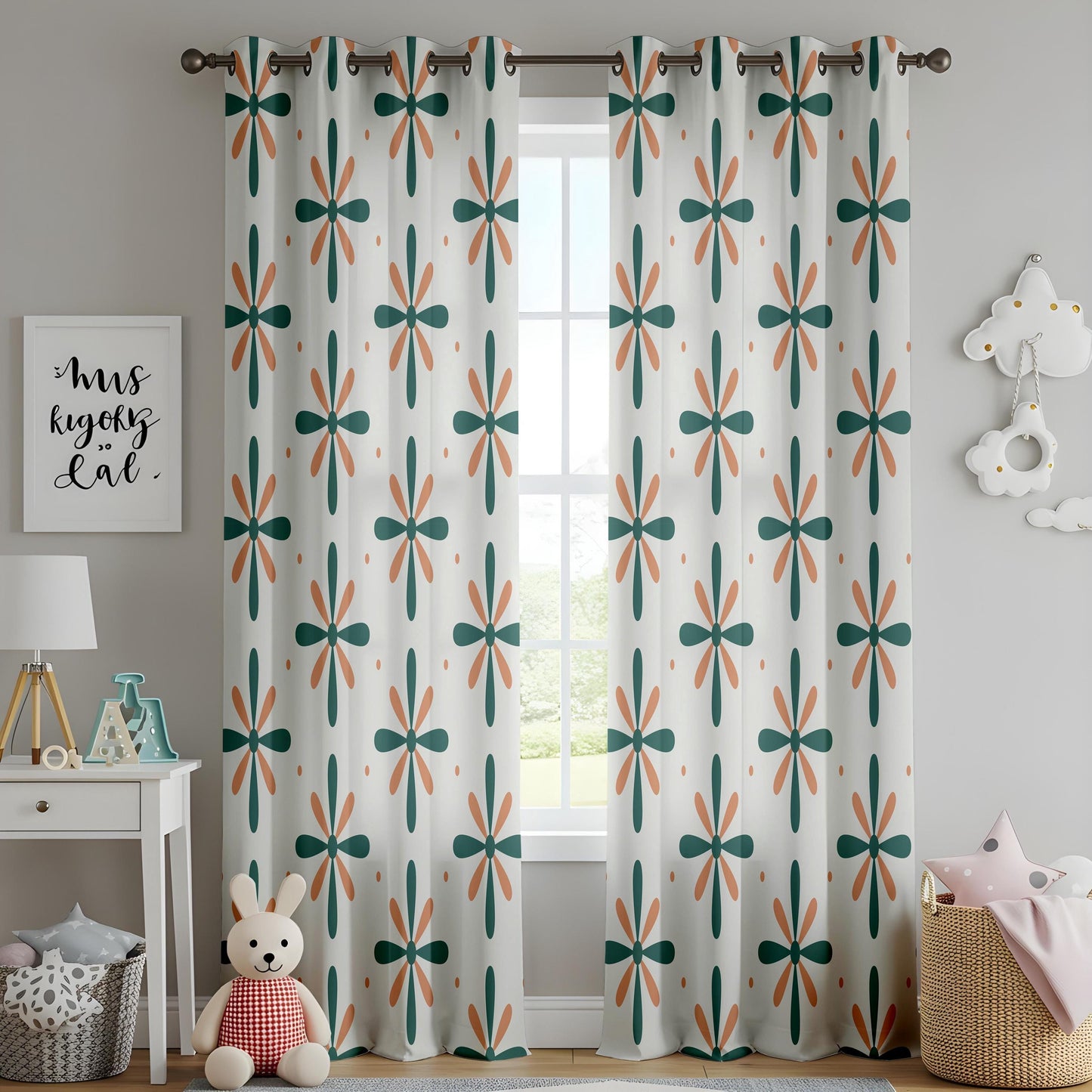 Onay Teal Orange Pinwheel Curtains – Retro Floral Kids Room Drapes
