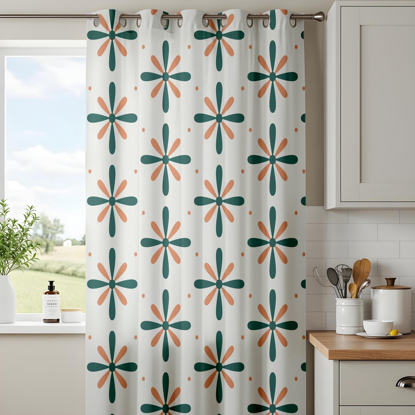 Onay Teal Orange Pinwheel Curtains – Retro Floral Kids Room Drapes