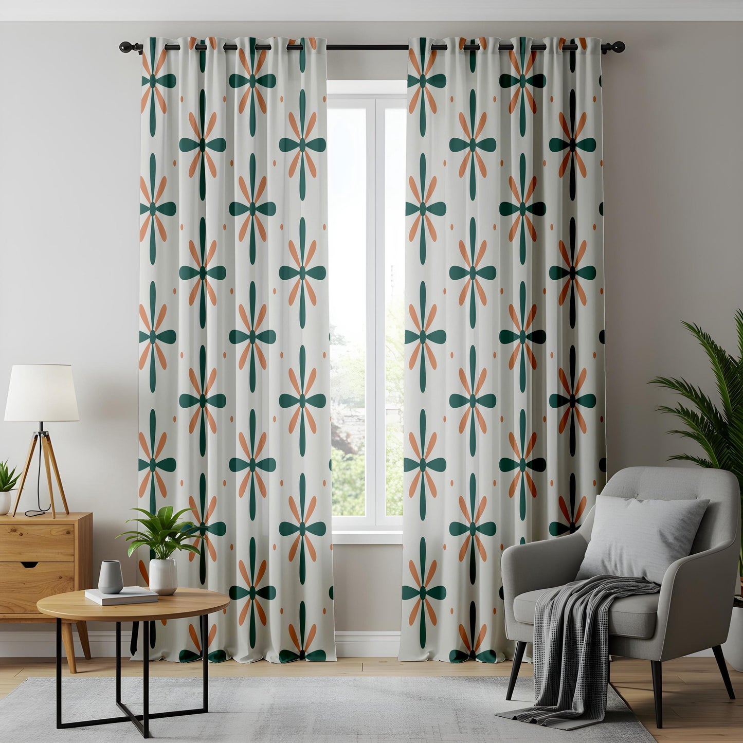 Onay Teal Orange Pinwheel Curtains – Retro Floral Kids Room Drapes