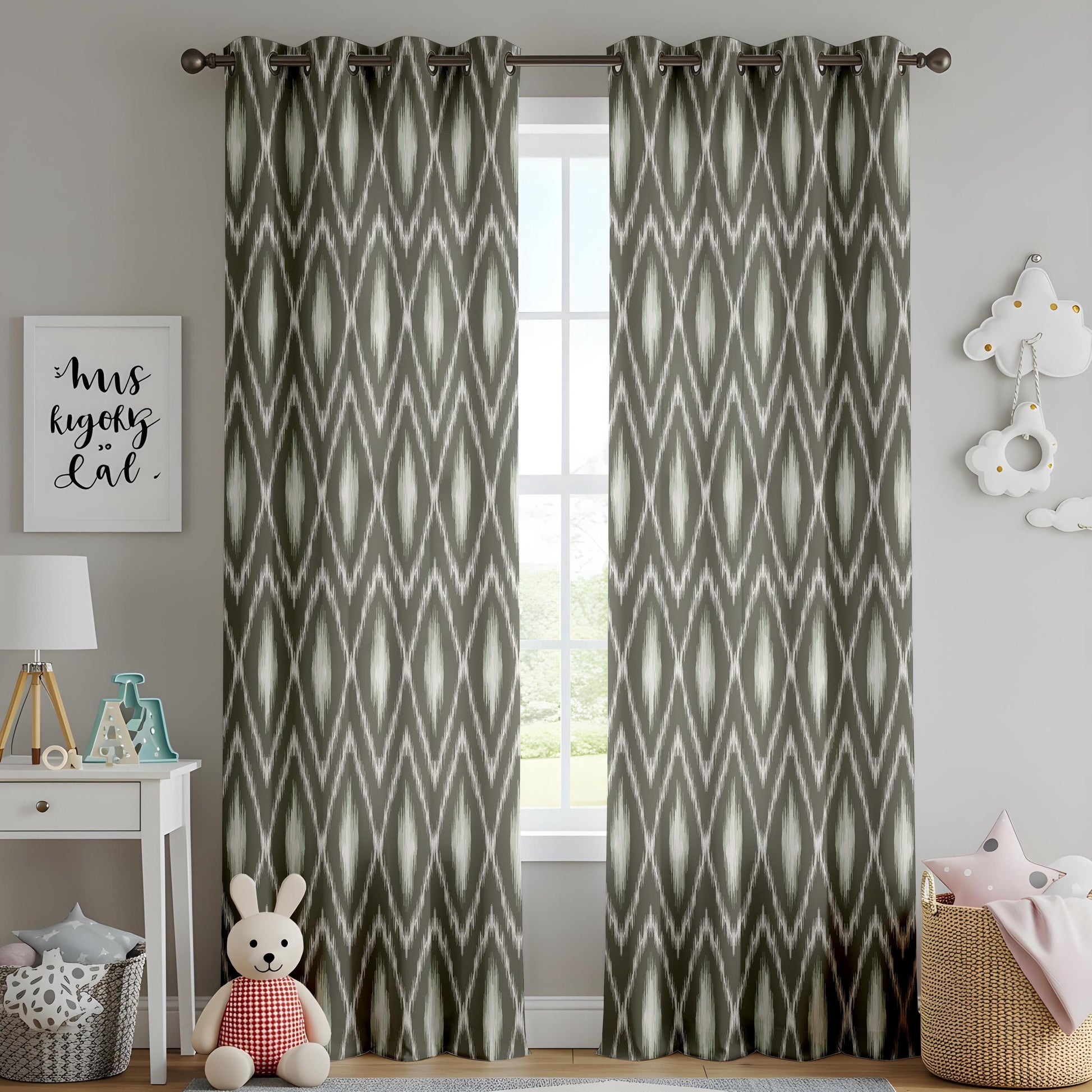 Onay Grey Ikat Curtains – Boho Ogee Pattern Modern Window Drapes