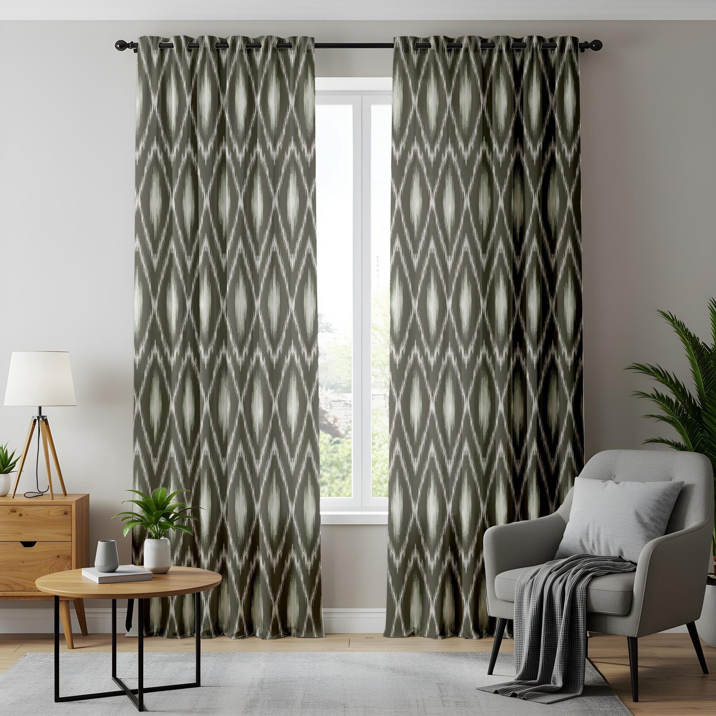 Onay Grey Ikat Curtains – Boho Ogee Pattern Modern Window Drapes
