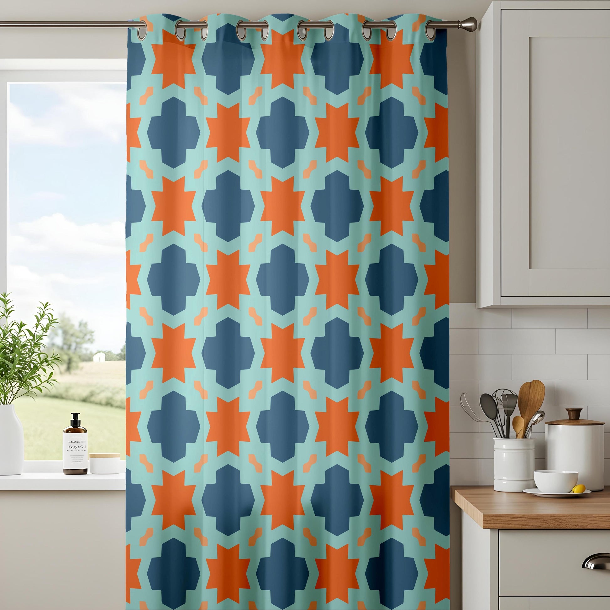 Onay Moroccan Tile Curtains – Teal Orange Aztec Boho Window Drapes