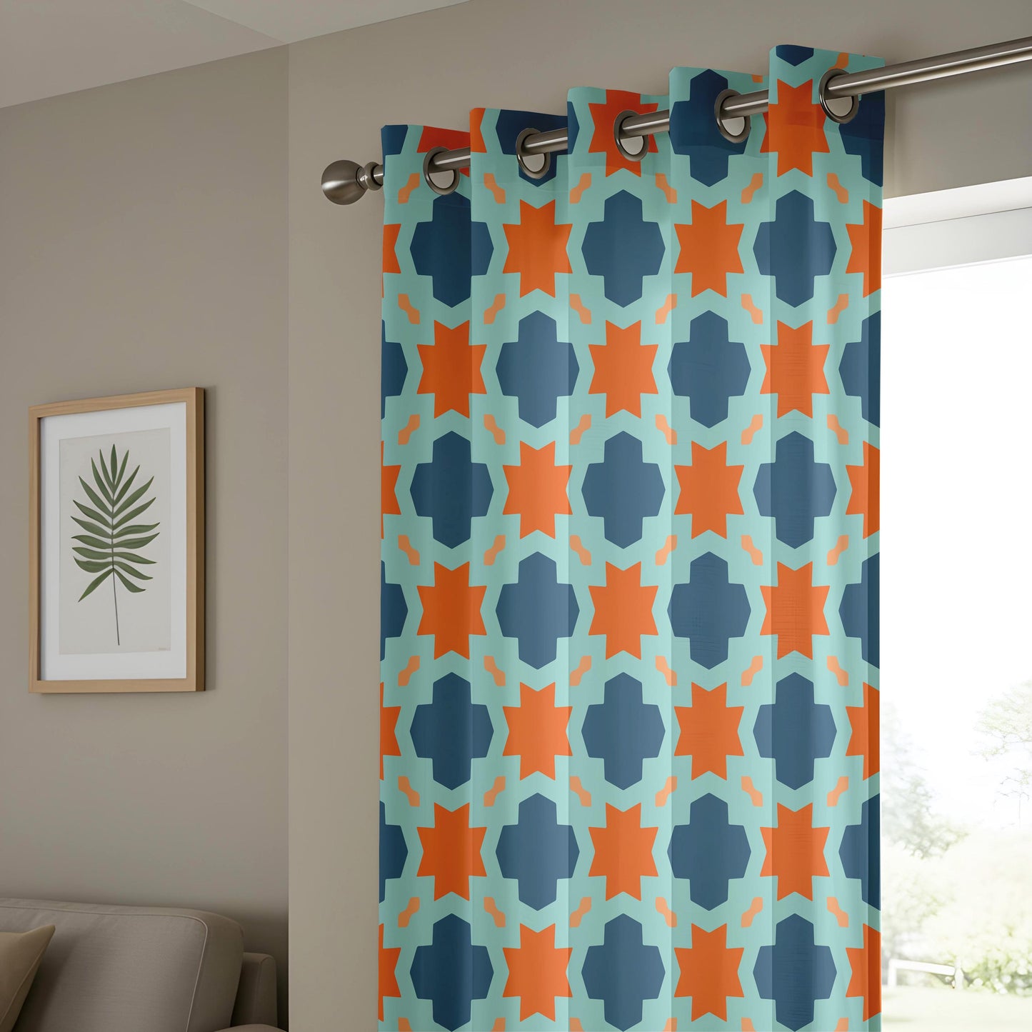 Onay Moroccan Tile Curtains – Teal Orange Aztec Boho Window Drapes