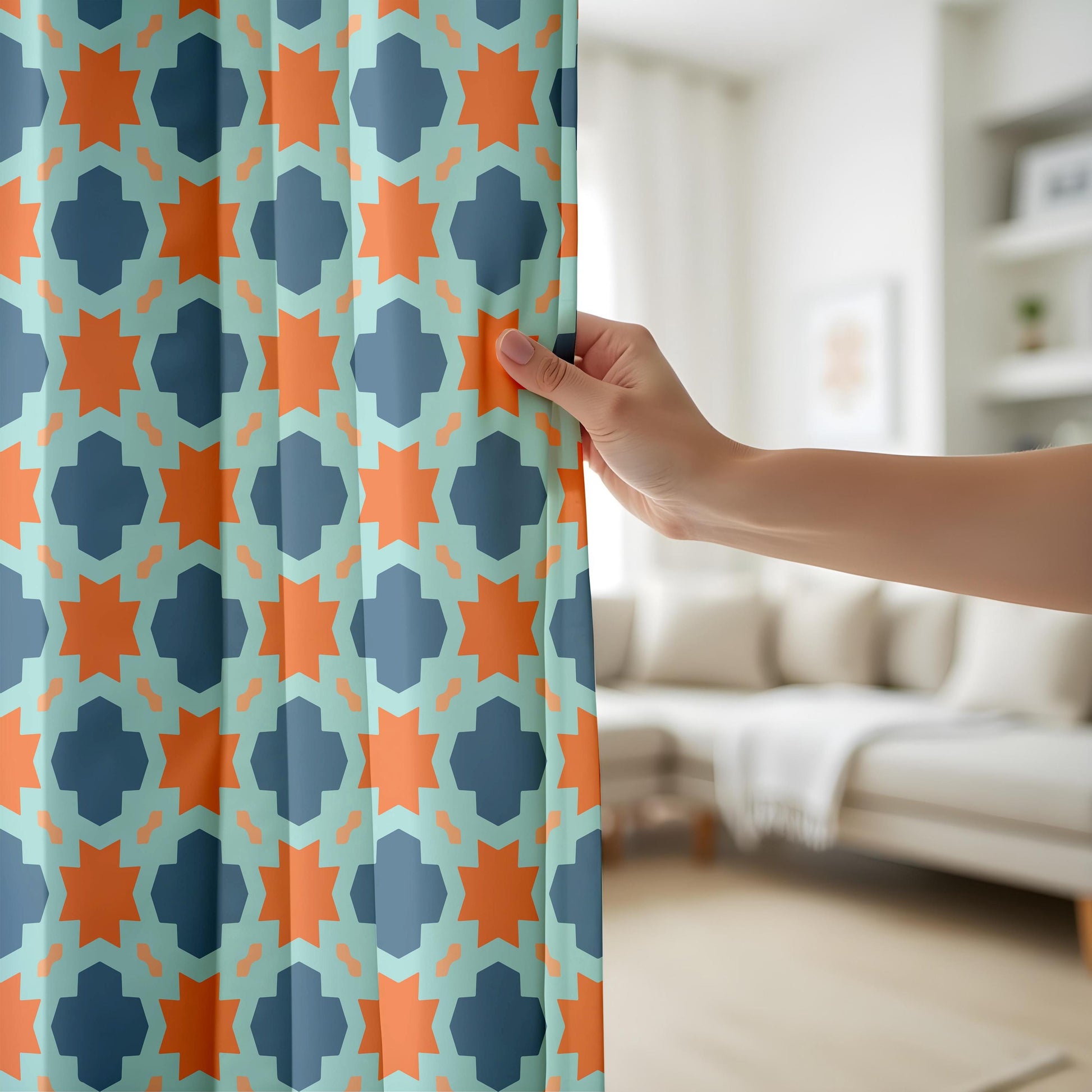 Onay Moroccan Tile Curtains – Teal Orange Aztec Boho Window Drapes