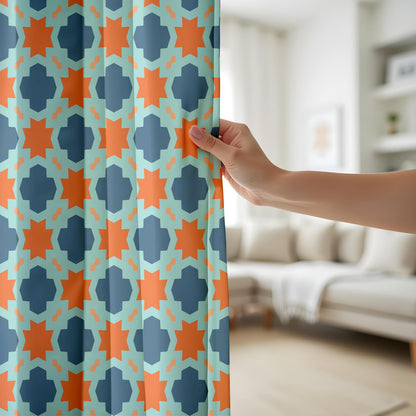 Onay Moroccan Tile Curtains – Teal Orange Aztec Boho Window Drapes