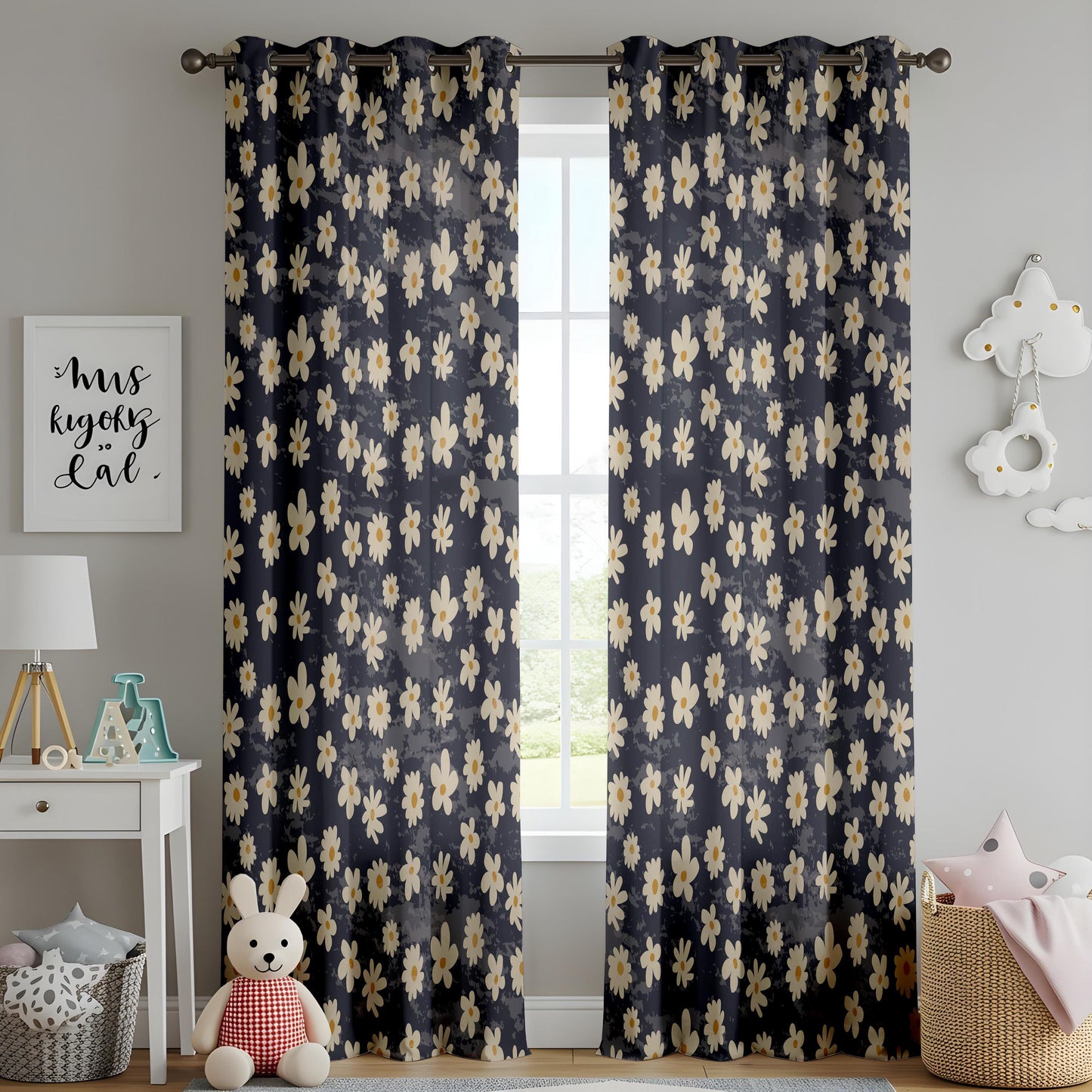 Onay Daisy Floral Curtains – Dark Navy Botanical Window Drapes