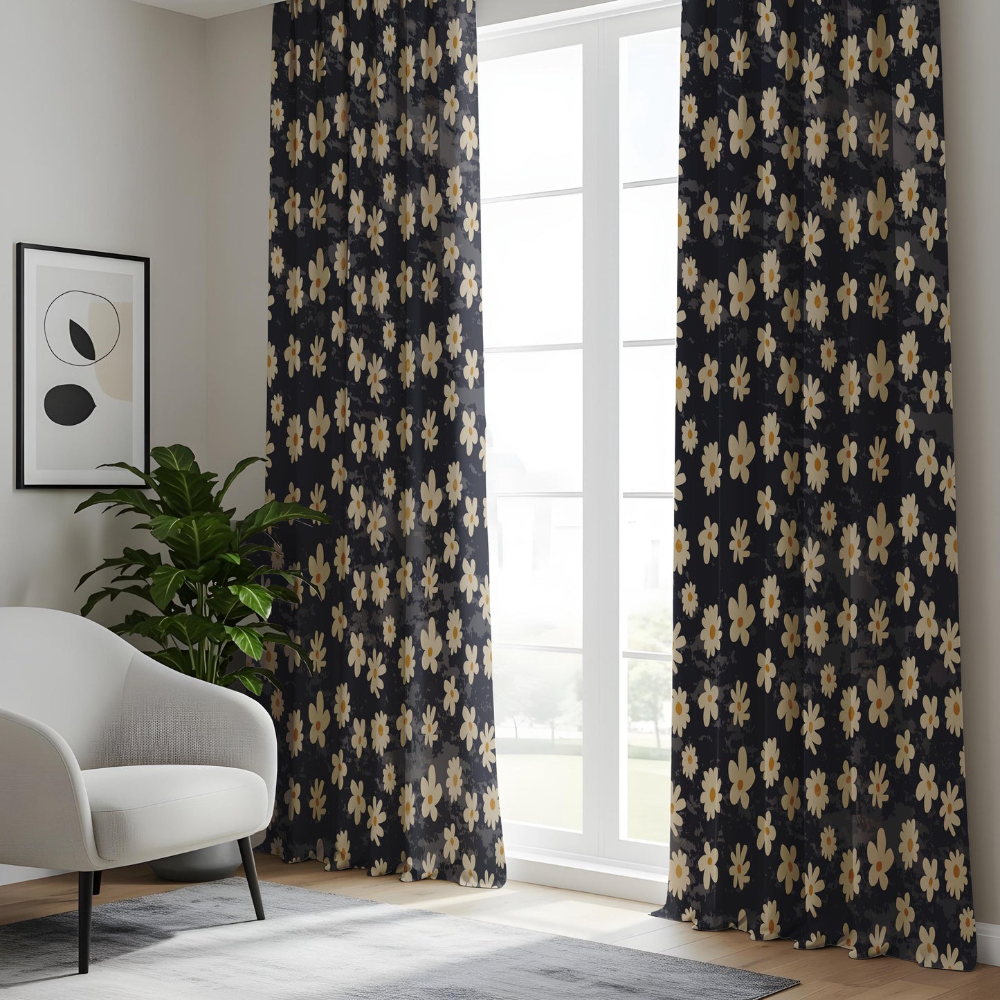 Onay Daisy Floral Curtains – Dark Navy Botanical Window Drapes