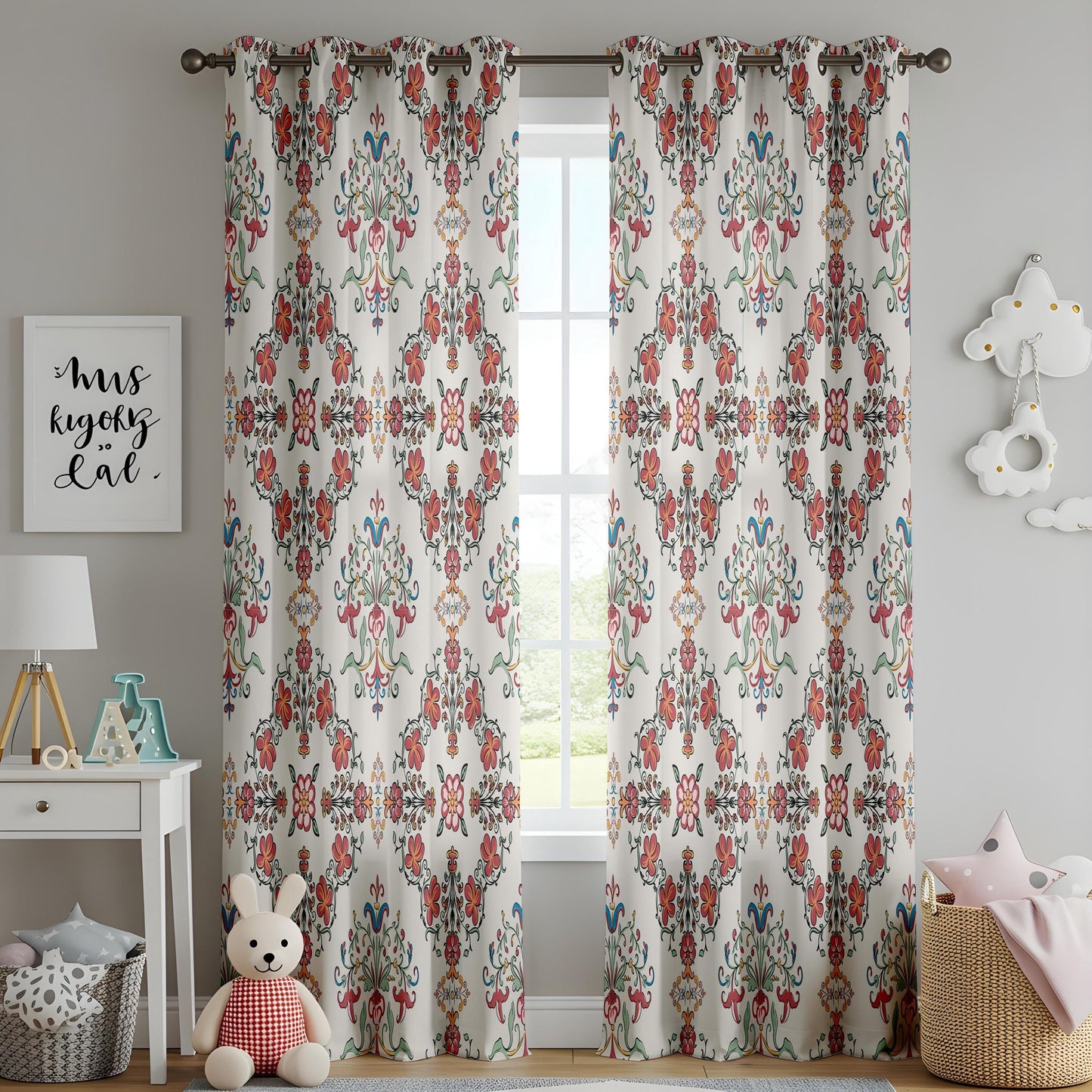 Onay Red Blue Ikat Curtains – Floral Damask Boho Window Drapes
