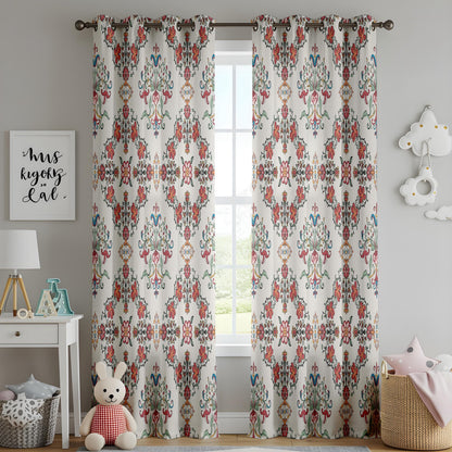 Onay Red Blue Ikat Curtains – Floral Damask Boho Window Drapes
