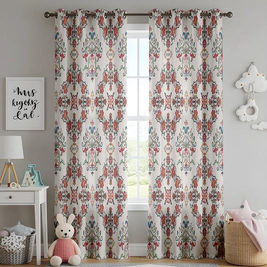 Onay Red Blue Ikat Curtains – Floral Damask Boho Window Drapes
