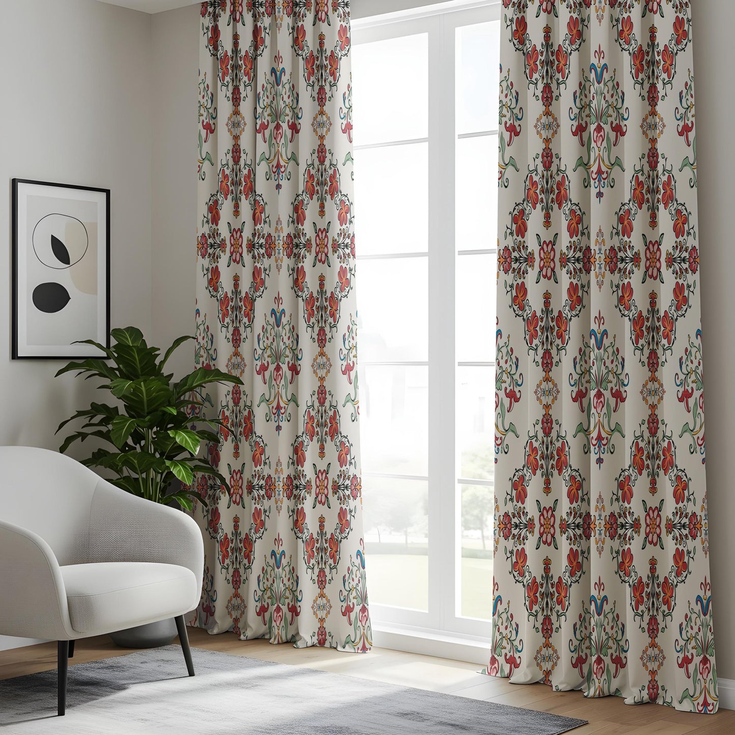 Onay Red Blue Ikat Curtains – Floral Damask Boho Window Drapes
