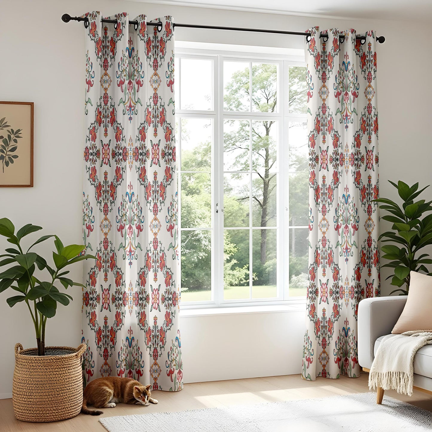 Onay Red Blue Ikat Curtains – Floral Damask Boho Window Drapes