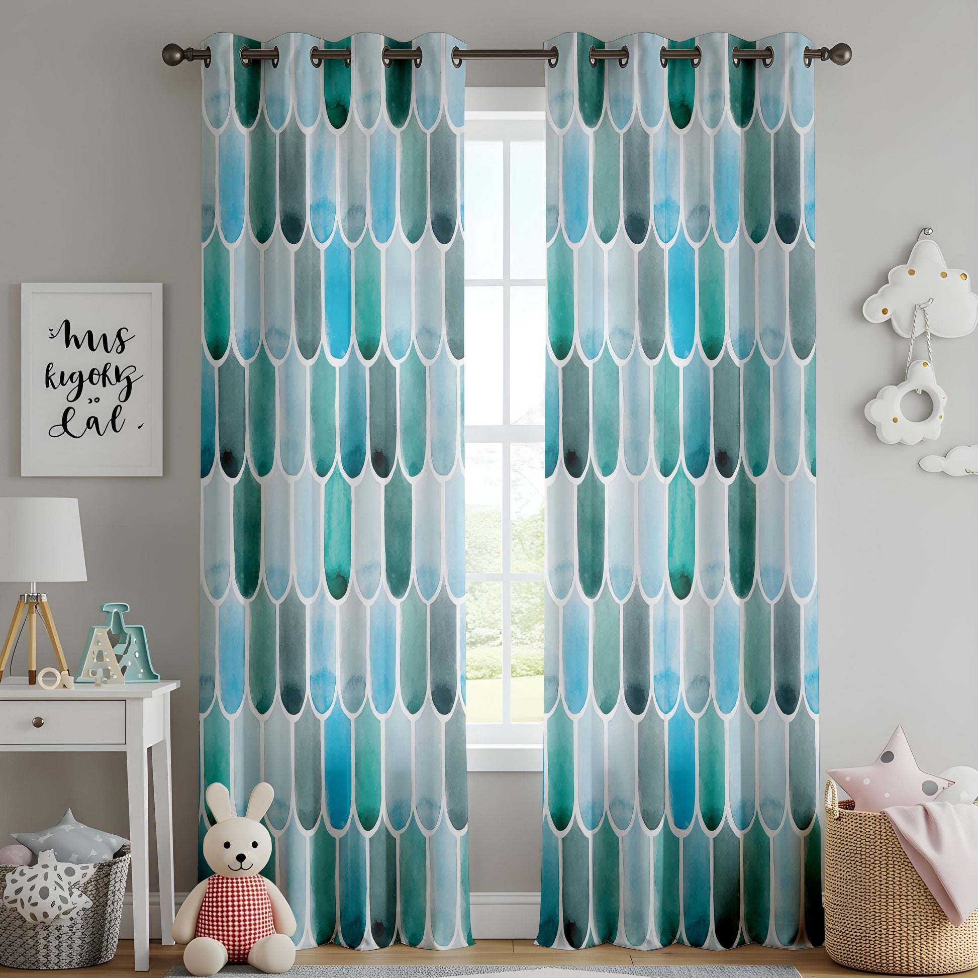 Onay Teal Mermaid Scale Curtains – Fish Scale Pattern Window Drapes