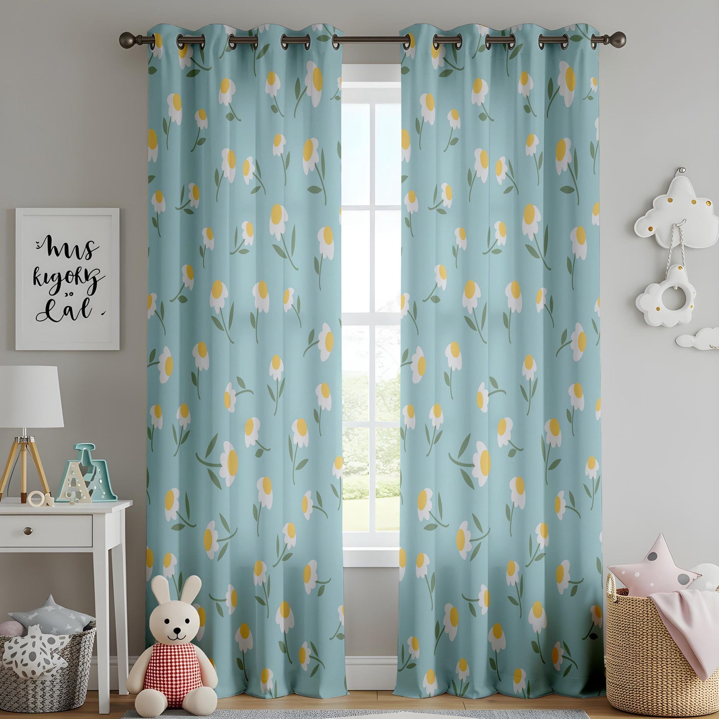 Onay Duck Egg Blue Daisy Curtains – Floral Nursery Kids Room Drapes