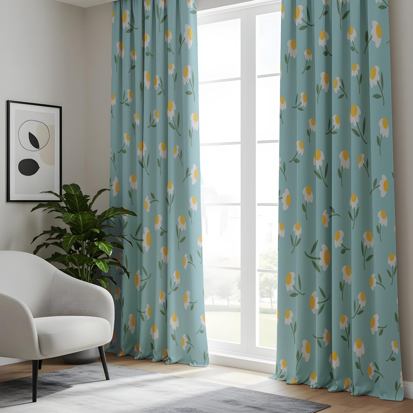 Onay Duck Egg Blue Daisy Curtains – Floral Nursery Kids Room Drapes