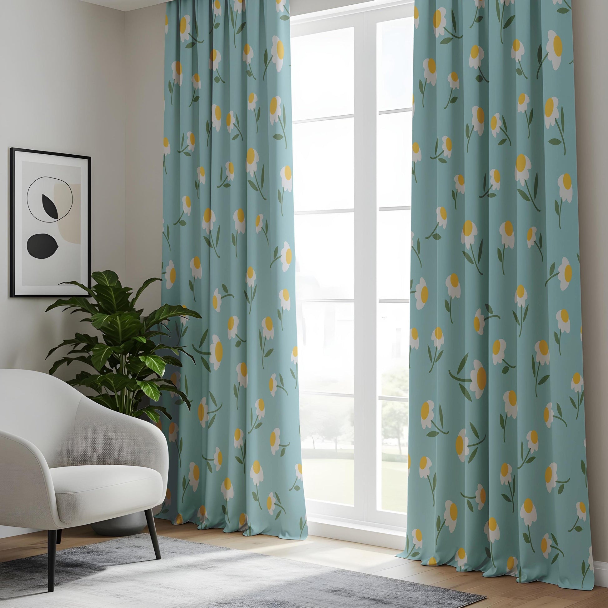 Onay Duck Egg Blue Daisy Curtains – Floral Nursery Kids Room Drapes