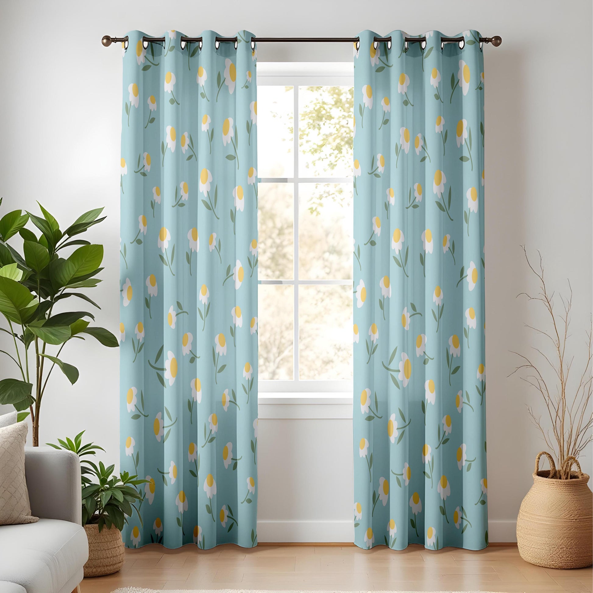 Onay Duck Egg Blue Daisy Curtains – Floral Nursery Kids Room Drapes
