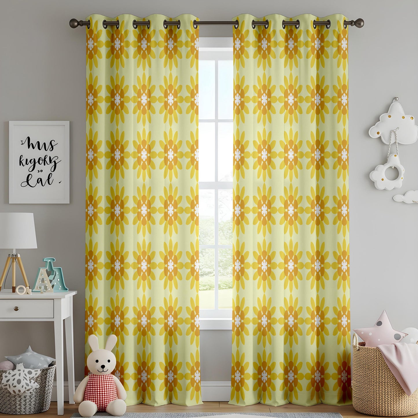 Onay Yellow Sunflower Curtains – Retro Floral Kids Room Window Drapes