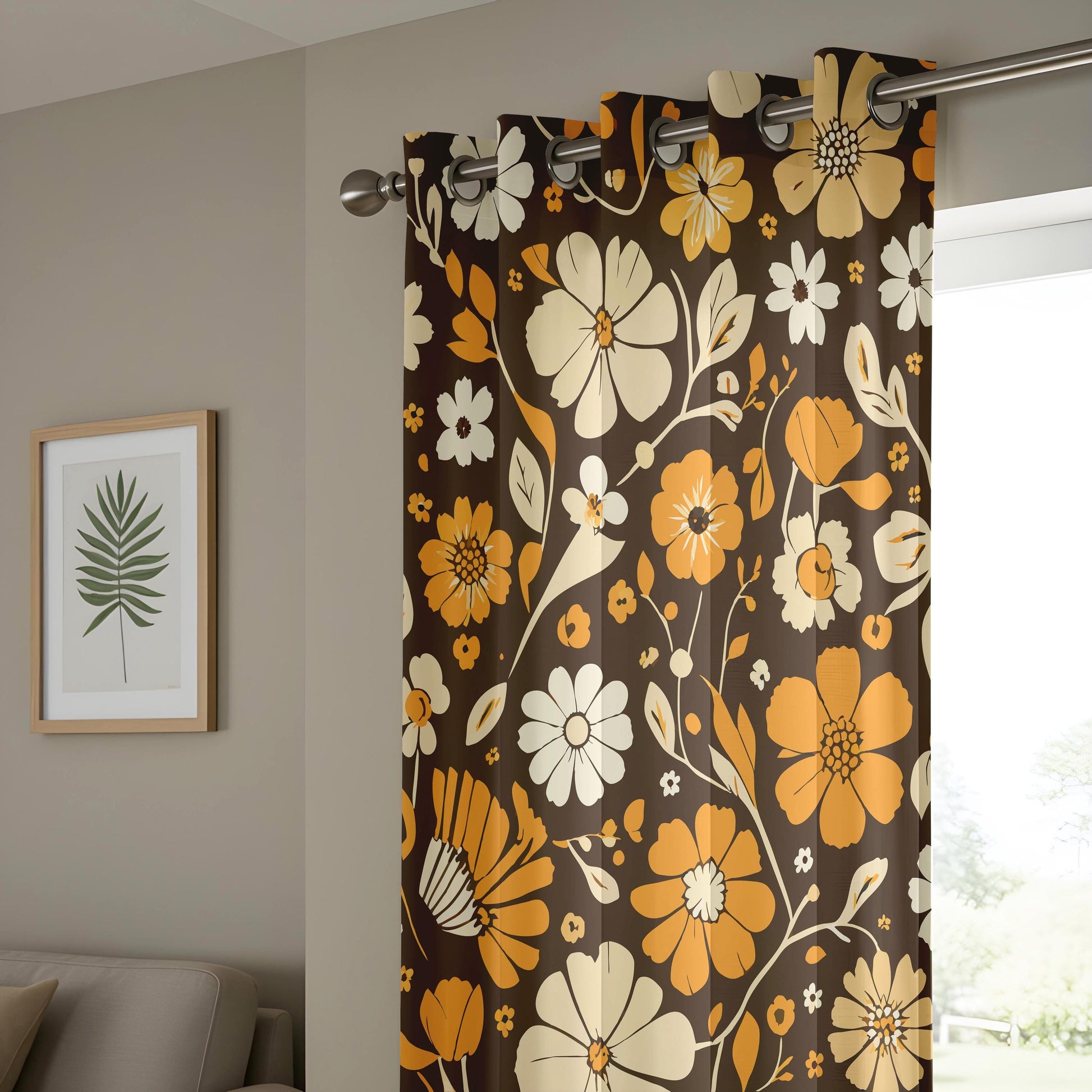 Onay Brown Retro Floral Curtains – Orange Amber Bold Window Drapes