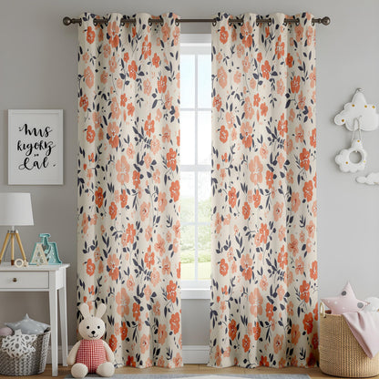 Onay Orange Poppy Curtains – Coral Floral Navy Leaf Window Drapes