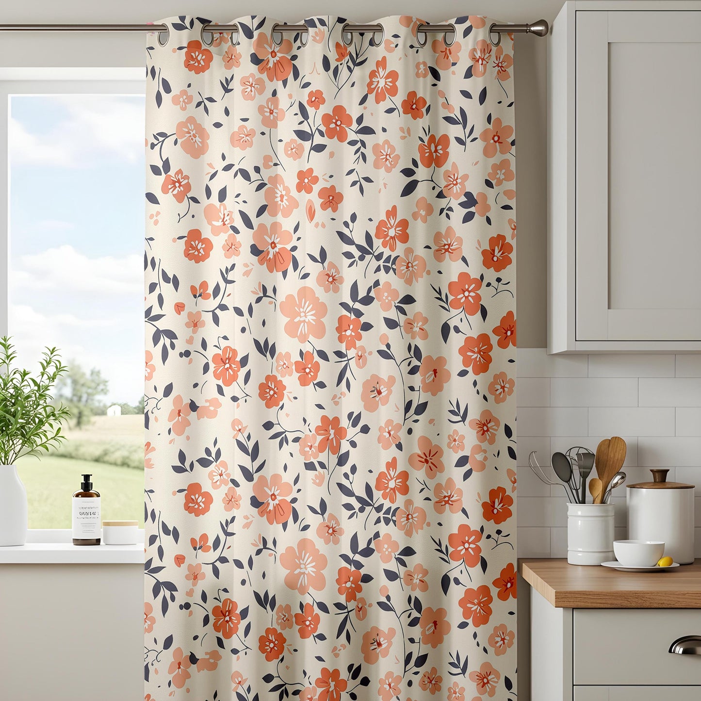 Onay Orange Poppy Curtains – Coral Floral Navy Leaf Window Drapes