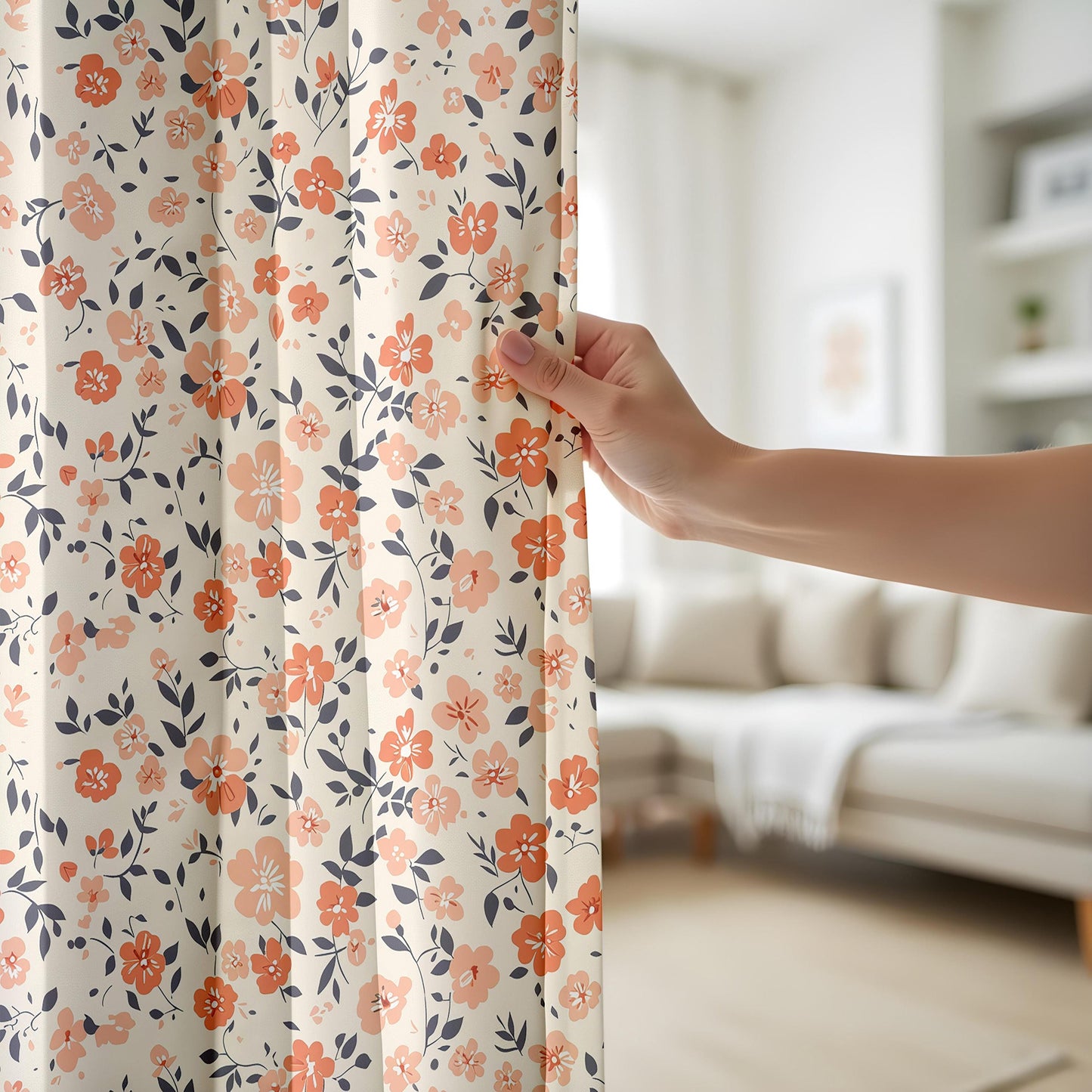 Onay Orange Poppy Curtains – Coral Floral Navy Leaf Window Drapes