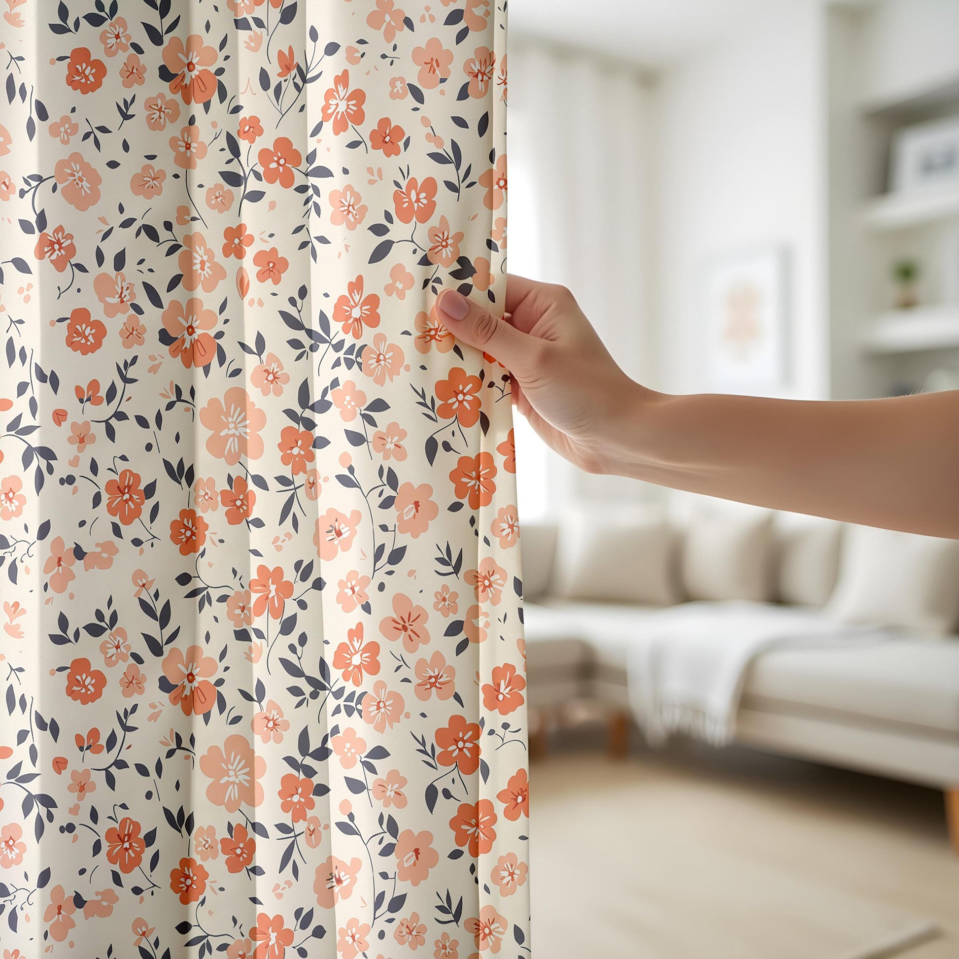 Onay Orange Poppy Curtains – Coral Floral Navy Leaf Window Drapes