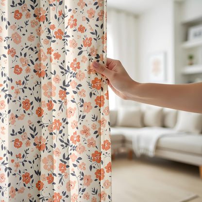 Onay Orange Poppy Curtains – Coral Floral Navy Leaf Window Drapes