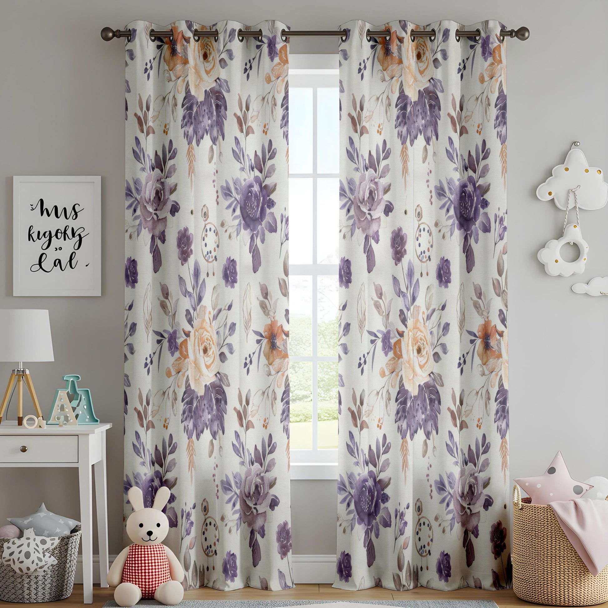 Onay Purple Rose Curtains – Lavender Floral Botanical Window Drapes