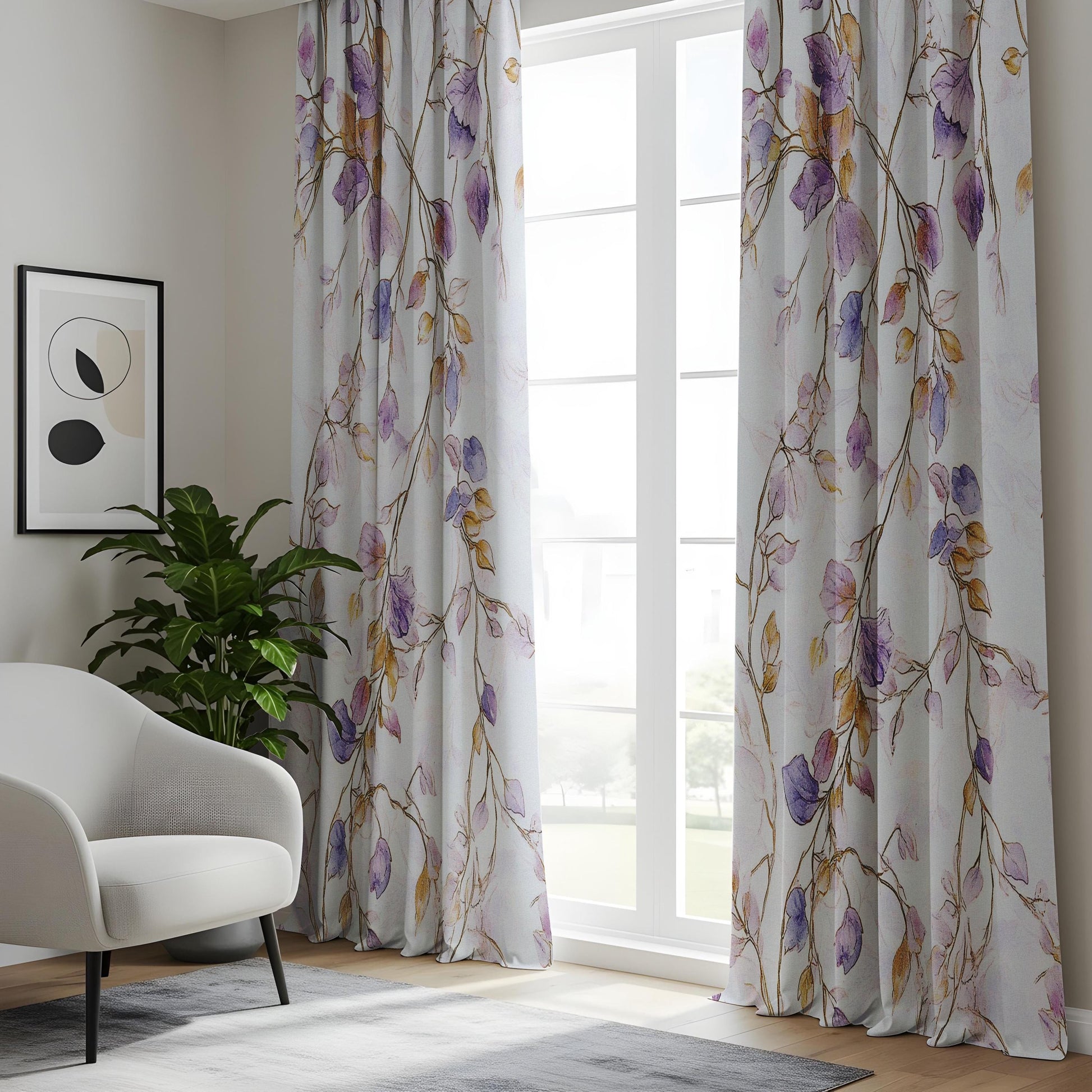 Onay Purple Leaf Curtains – Watercolour Cascading Floral Window Drapes