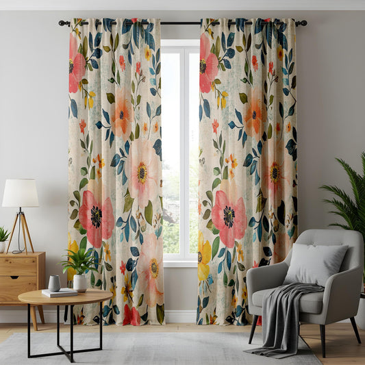 Onay Colourful Poppy Curtains – Pink Coral Botanical Garden Drapes