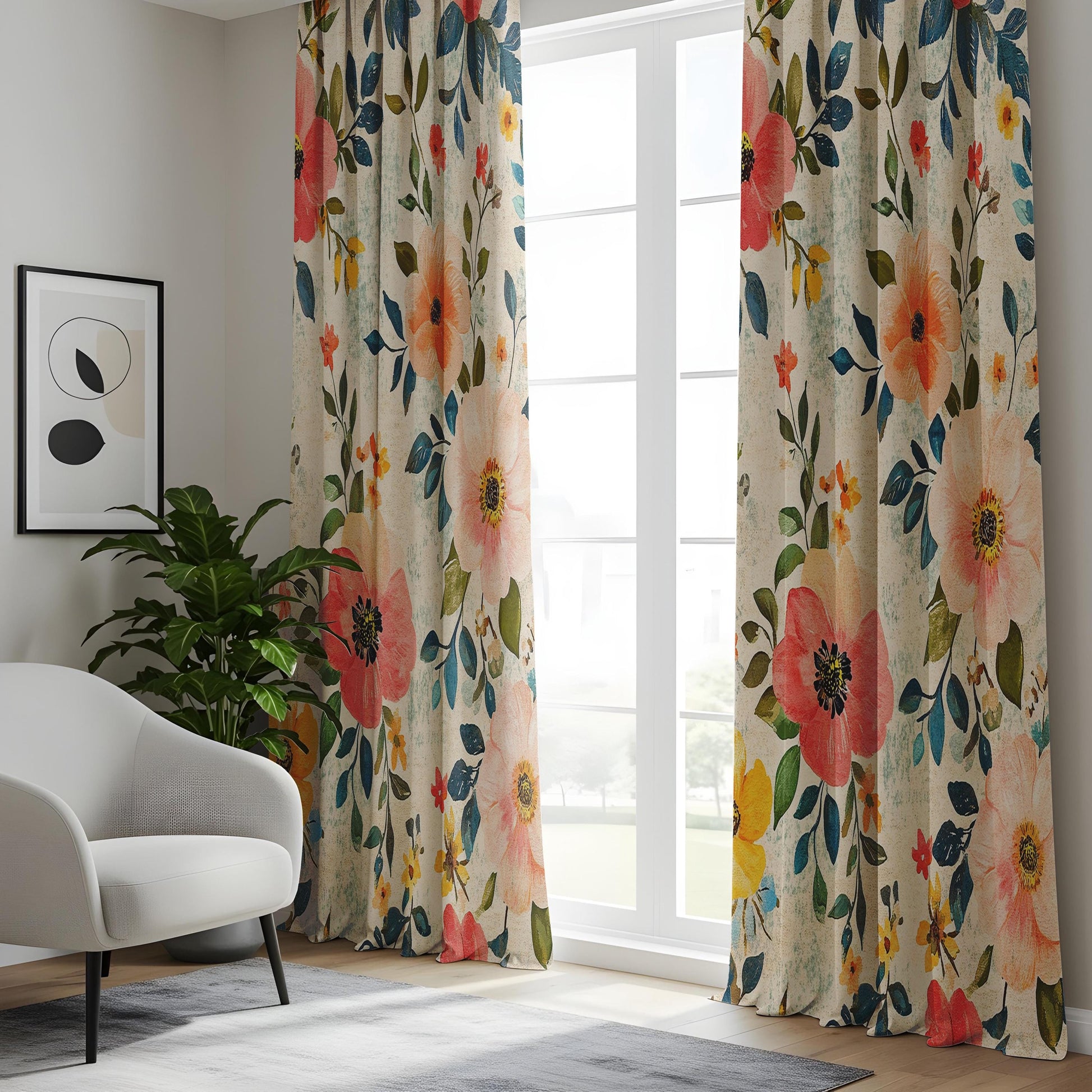 Onay Colourful Poppy Curtains – Pink Coral Botanical Garden Drapes