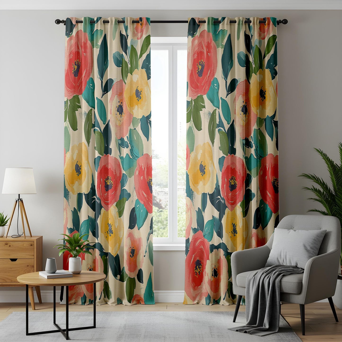 Onay Bold Rose Curtains – Coral Yellow Garden Floral Window Drapes