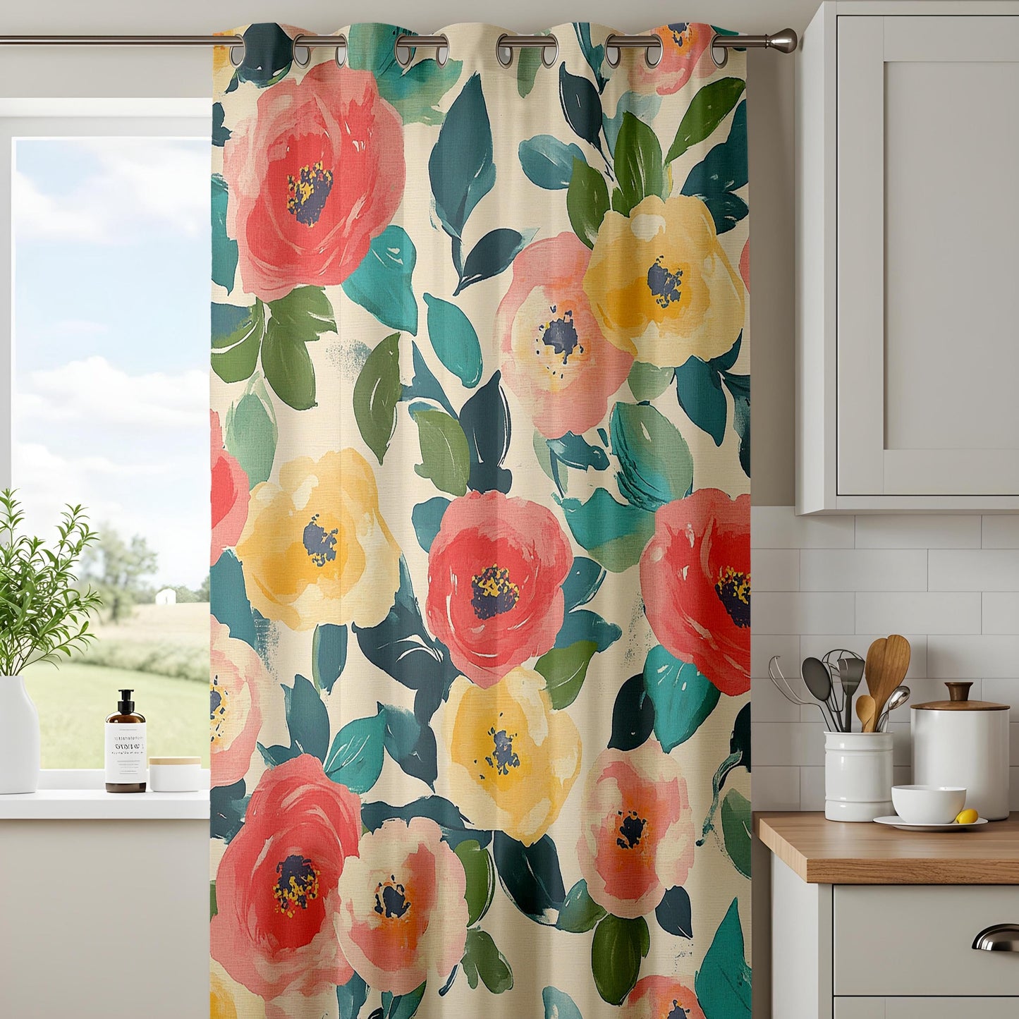 Onay Bold Rose Curtains – Coral Yellow Garden Floral Window Drapes