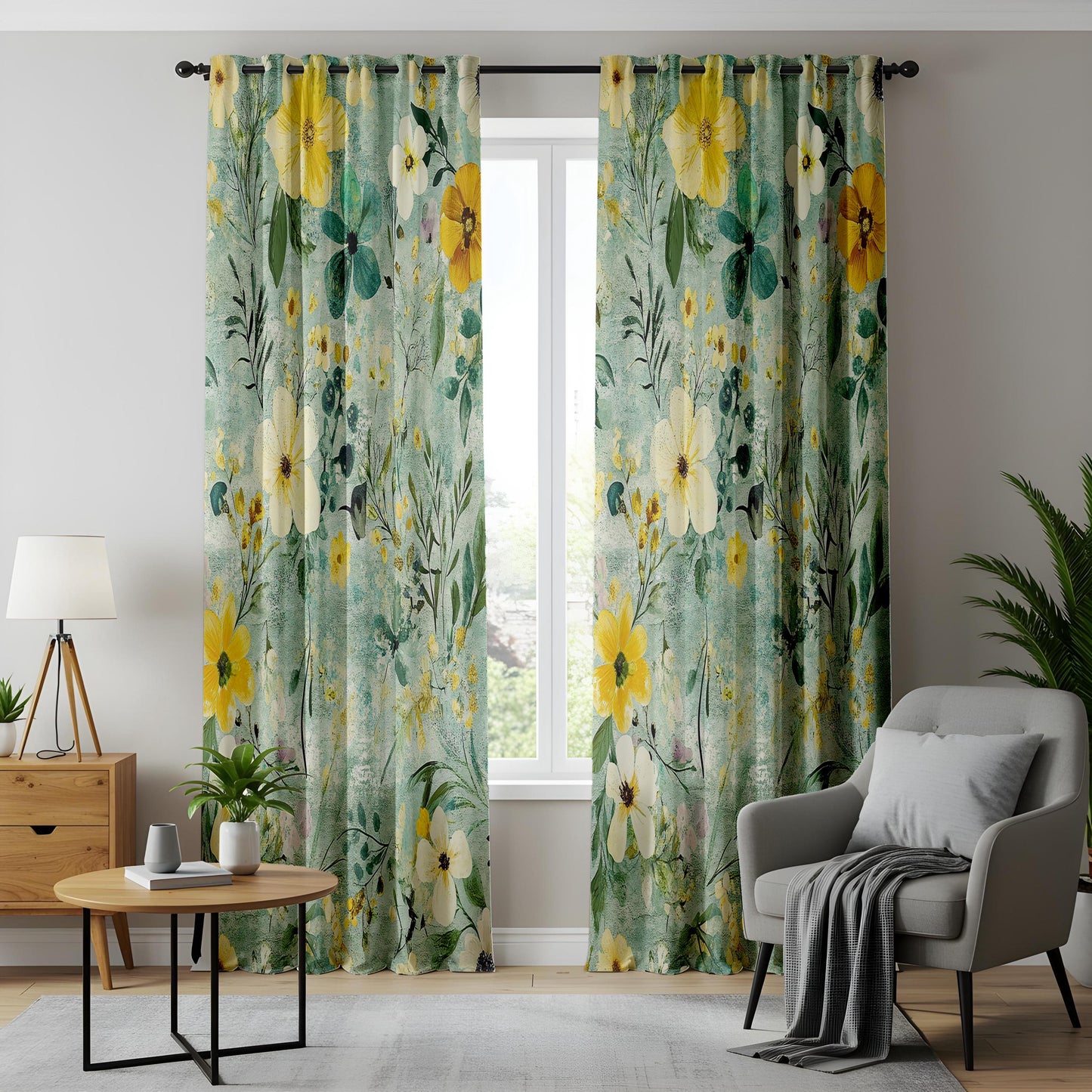 Onay Teal Garden Floral Curtains – Yellow Pansy Botanical Drapes