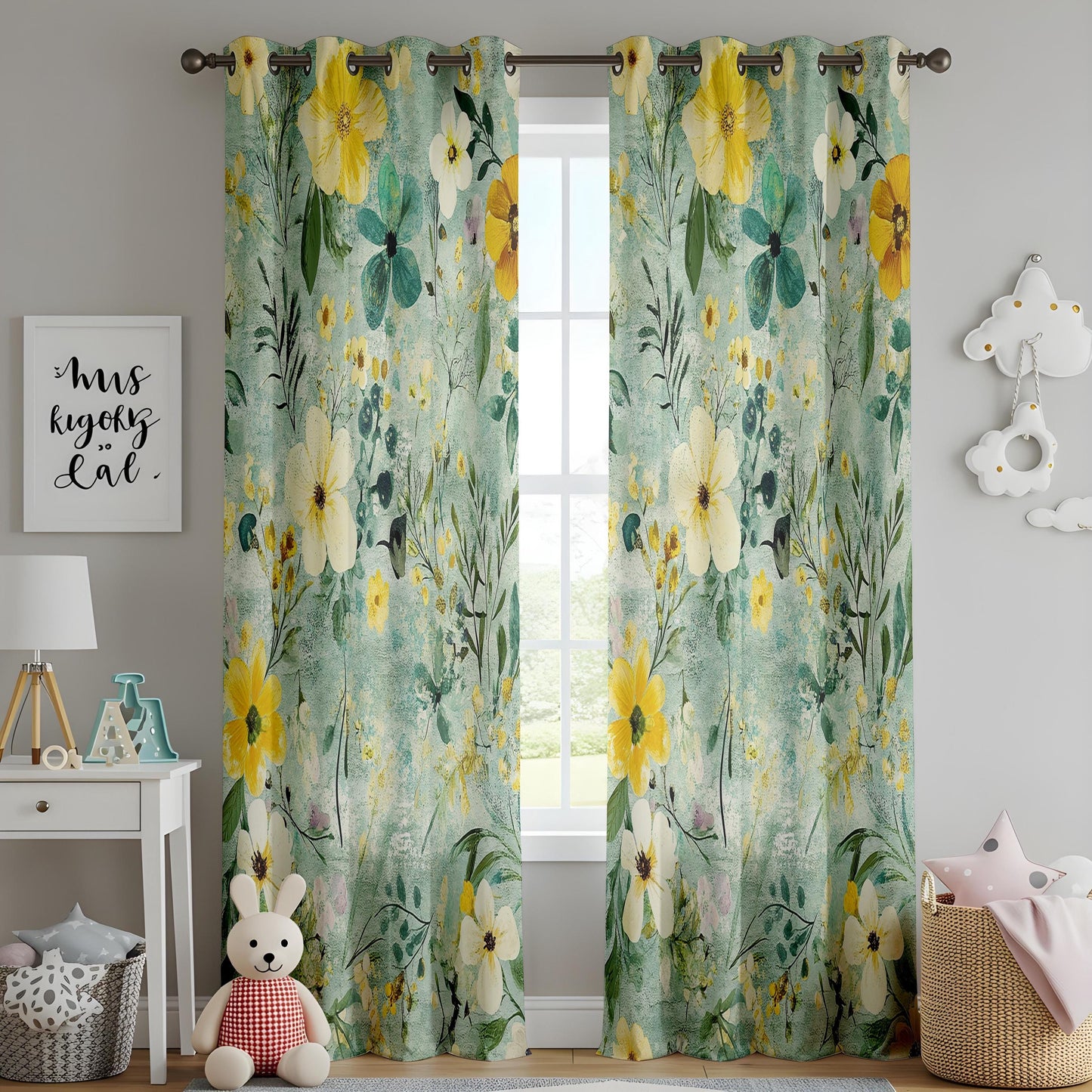 Onay Teal Garden Floral Curtains – Yellow Pansy Botanical Drapes