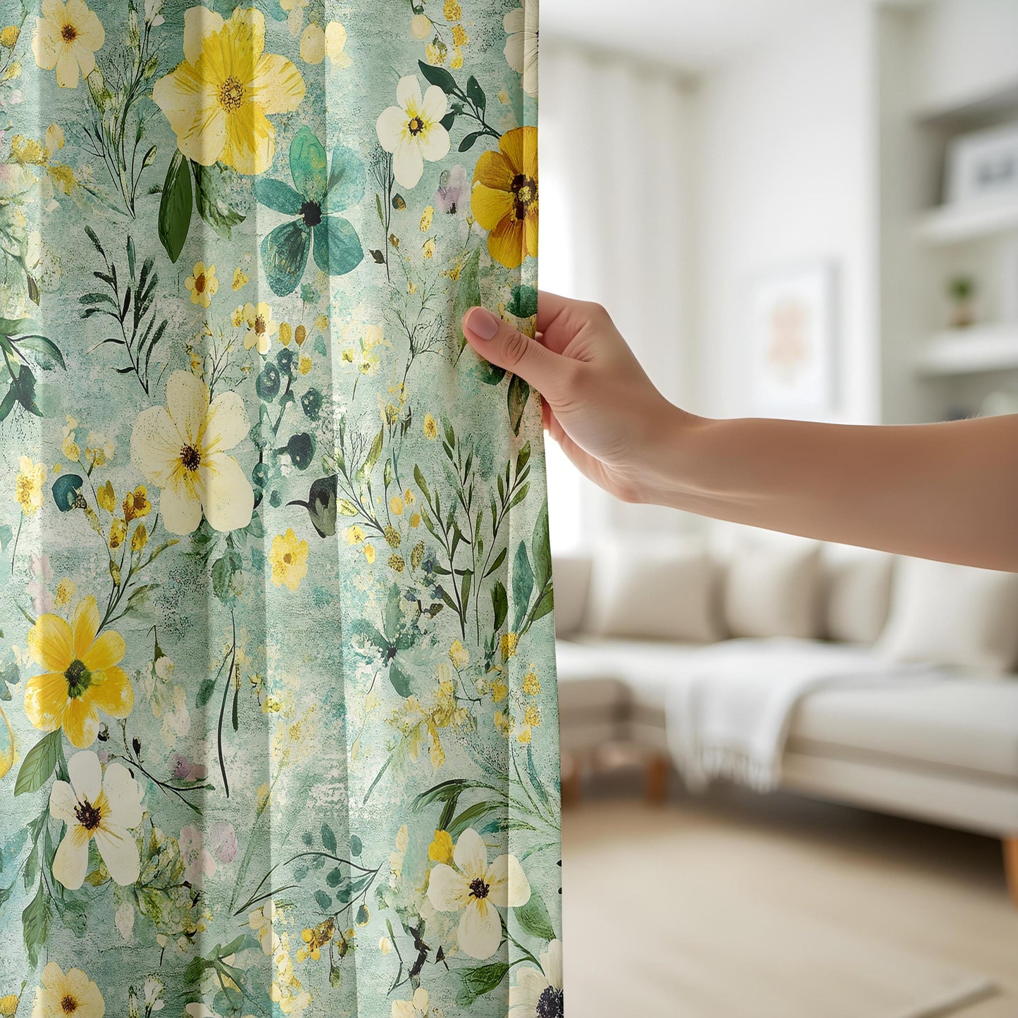 Onay Teal Garden Floral Curtains – Yellow Pansy Botanical Drapes